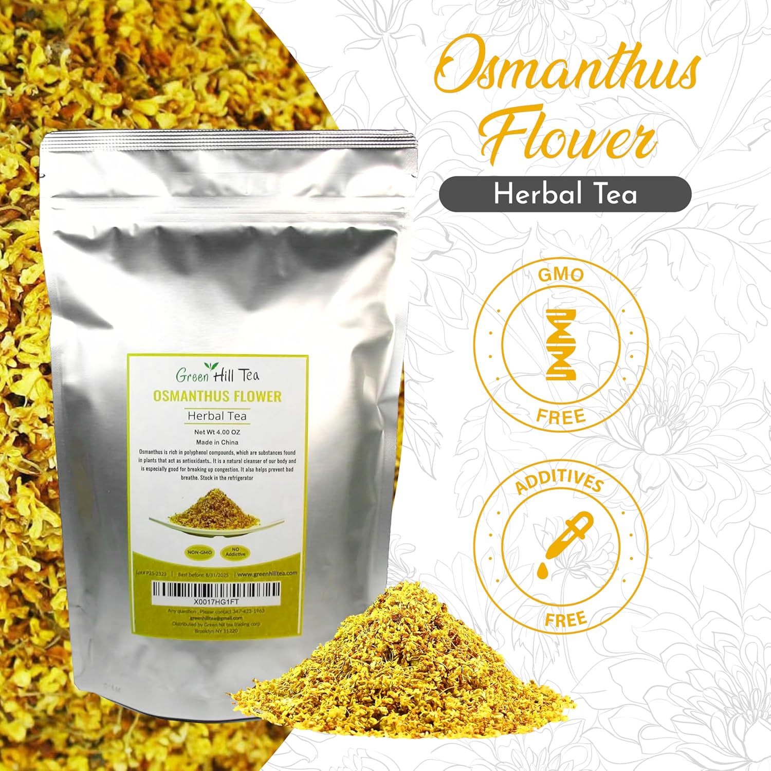 Green Hill Tea Osmanthus Flower Dried – Premium– Fragrant Osmanthus Dried Flowers -Loose Leaf Tea – 100% Pure, Natural, Non-GMO – Great for Brewing, Baking & Infusions 4 OZ