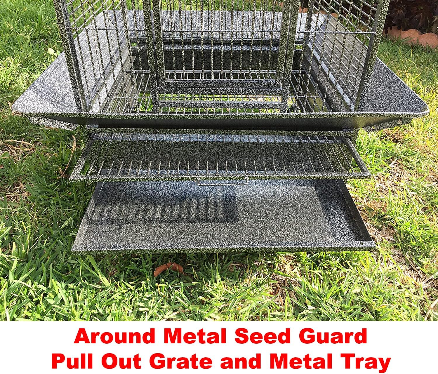 Large Elegance and Durable Wrought Iron Open Play Top Stand Bird Parrot Rolling Cage, Include Metal Seed Guard Solid Metal Feeder Nest Door (White Vein, 24.0" L x 22.0" W x 63.0" H)