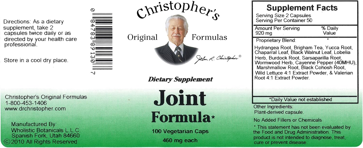 Christopher's Original Formulas Joint Formula – 100 Vegetarian Capsules – Synergistic Herbal Blend for Joint Support – Made in The USA