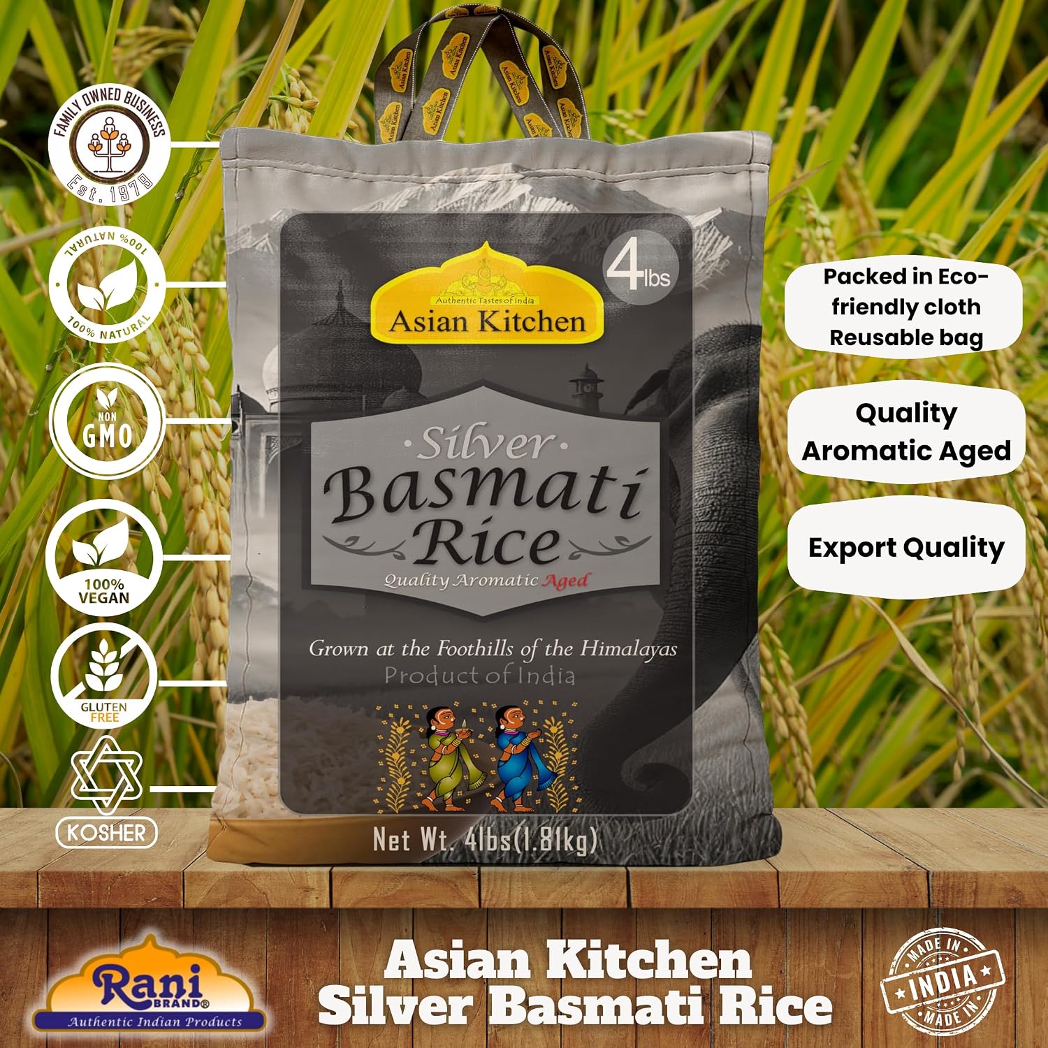Asian Kitchen Platinum White Basmati Rice Extra Long Aged 20lbs (9.08kg) ~ All Natural | Gluten Friendly | Vegan | Indian Origin | Export Quality