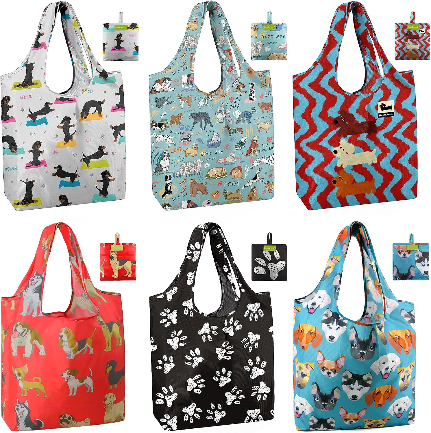 BeeGreen Grocery Bags | Reusable Gift Bags, Large Tote for Women & Foldable Beach Bag - 6 Pack Reusable Bag With Handles | Collapsible Cute Cloth Storage for Market, Holiday & Shopping | Washable​