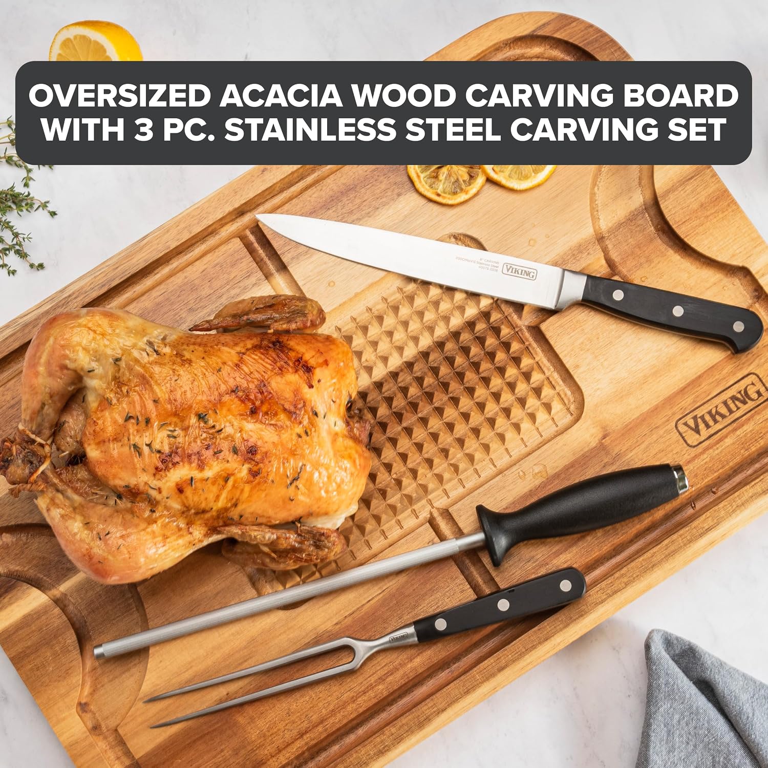 Viking Cutting Board, Acacia Wood Kitchen Butcher Block Carving Board with Juice Groove and Metal Handles, 23 x 14 x 1 Inch