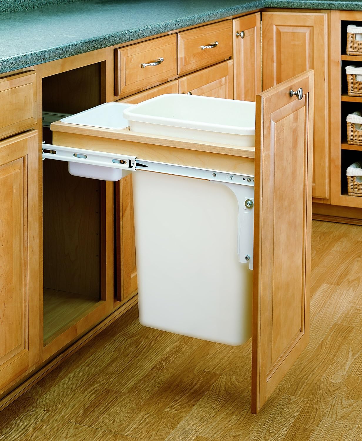 Rev-A-Shelf - 4WCTM-1550DM-1 - Single 50 Qt. Pull-Out Top Mount Wood and White Waste Container for 1-1/2 in. Face Frame Cabinet