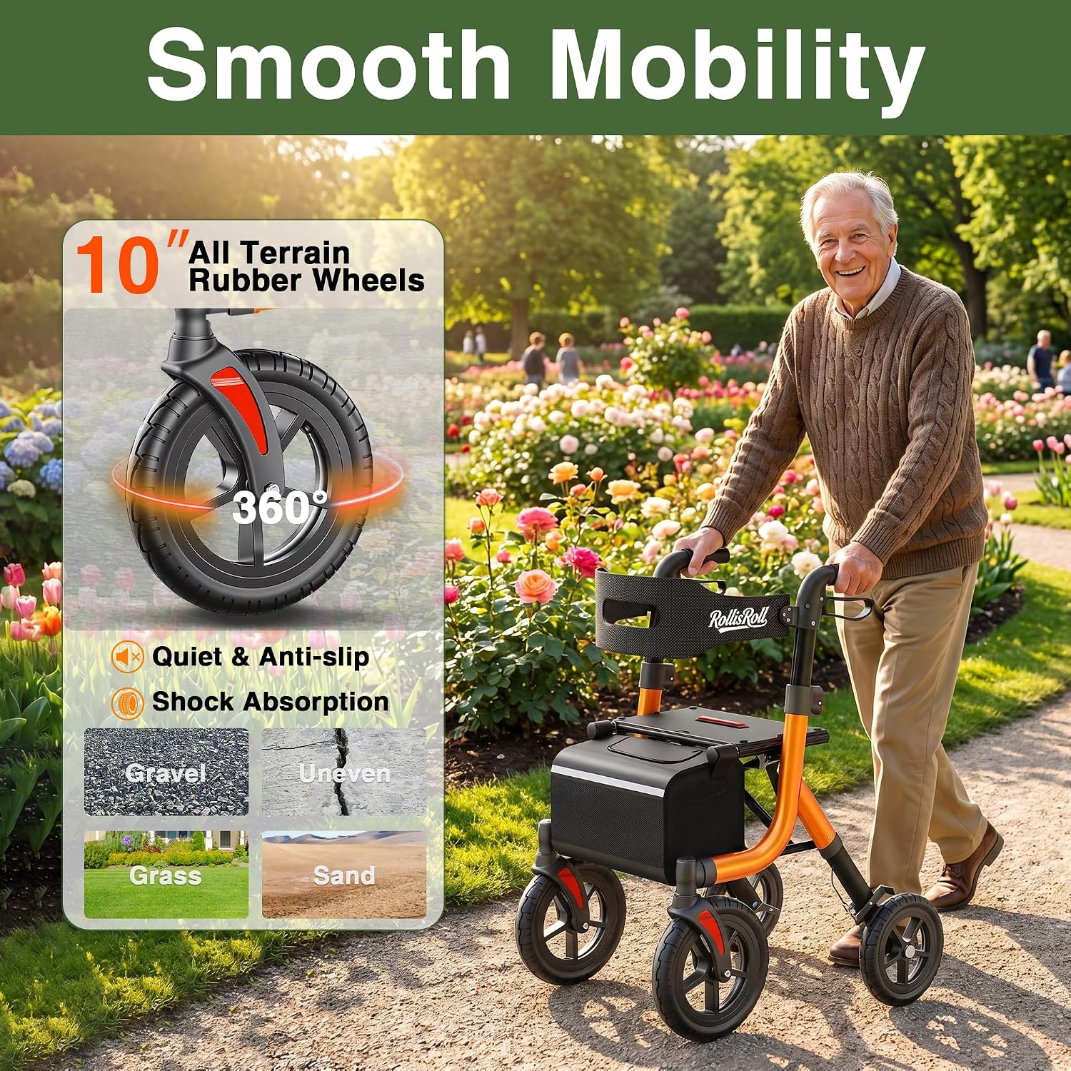 Walkers for Seniors, Rollator Walker with Seat, 10" Big Rubber Wheels All Terrain Rolling Walker, Lightweight Foldable Rollator Walker, Built-in Cable, Reinforced Aluminum Frame, Orange
