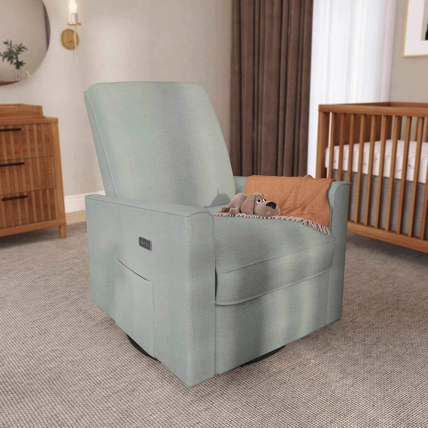 évolur Harlow Upholstered Power Glider Recliner with USB Charging – Rocking & 275° Swivel with Smooth Glide – Greenguard Gold & FSC