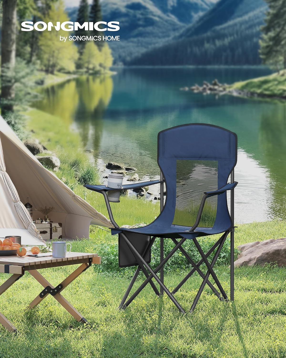 SONGMICS Camping Chair, Folding Oversized Chair, Comfortable and Heavy-Duty, 352 lb Weight Capacity, Adjustable Armrests with Cooler Bag, Storage Bag, Breathable Mesh, Bijou Blue UGCB060Q01