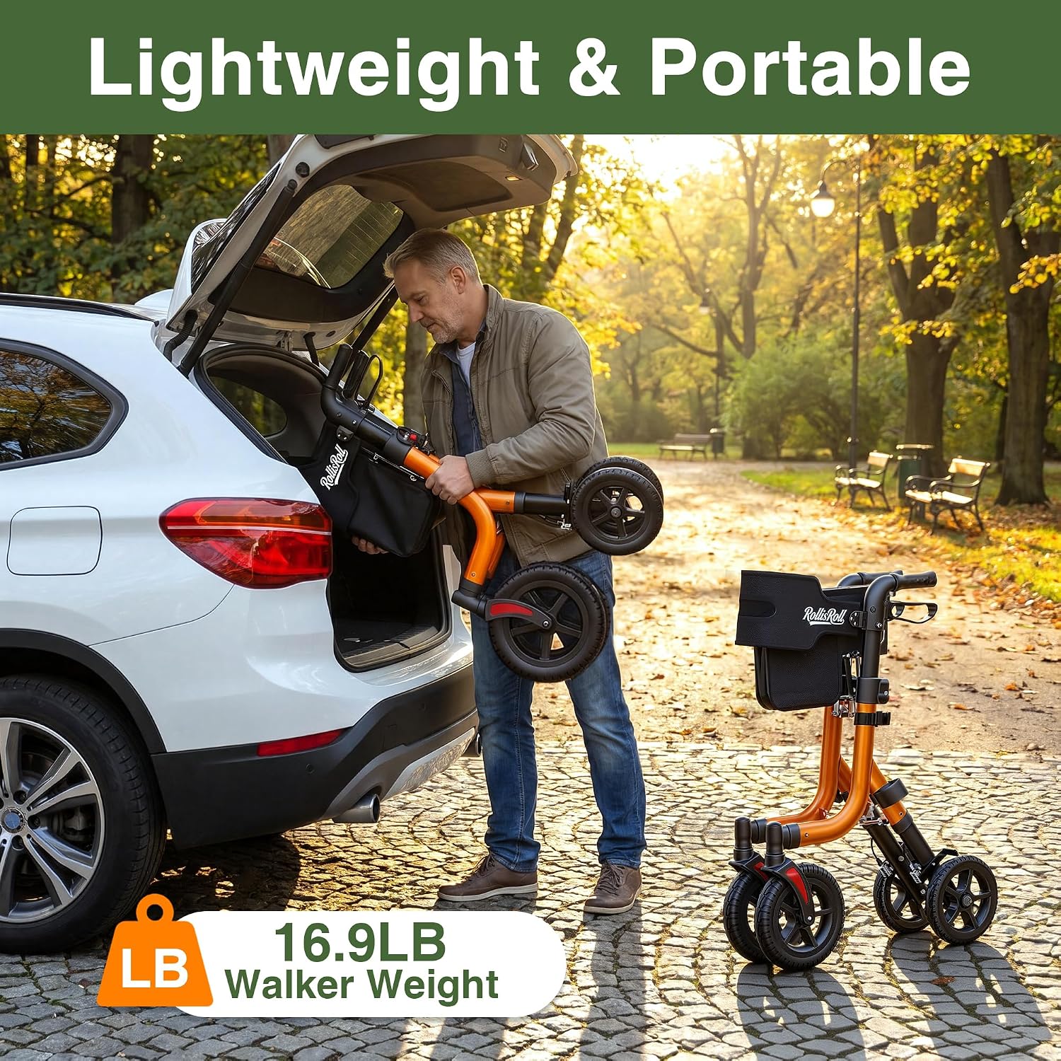 Walkers for Seniors, Rollator Walker with Seat, 10" Big Rubber Wheels All Terrain Rolling Walker, Lightweight Foldable Rollator Walker, Built-in Cable, Reinforced Aluminum Frame, Orange
