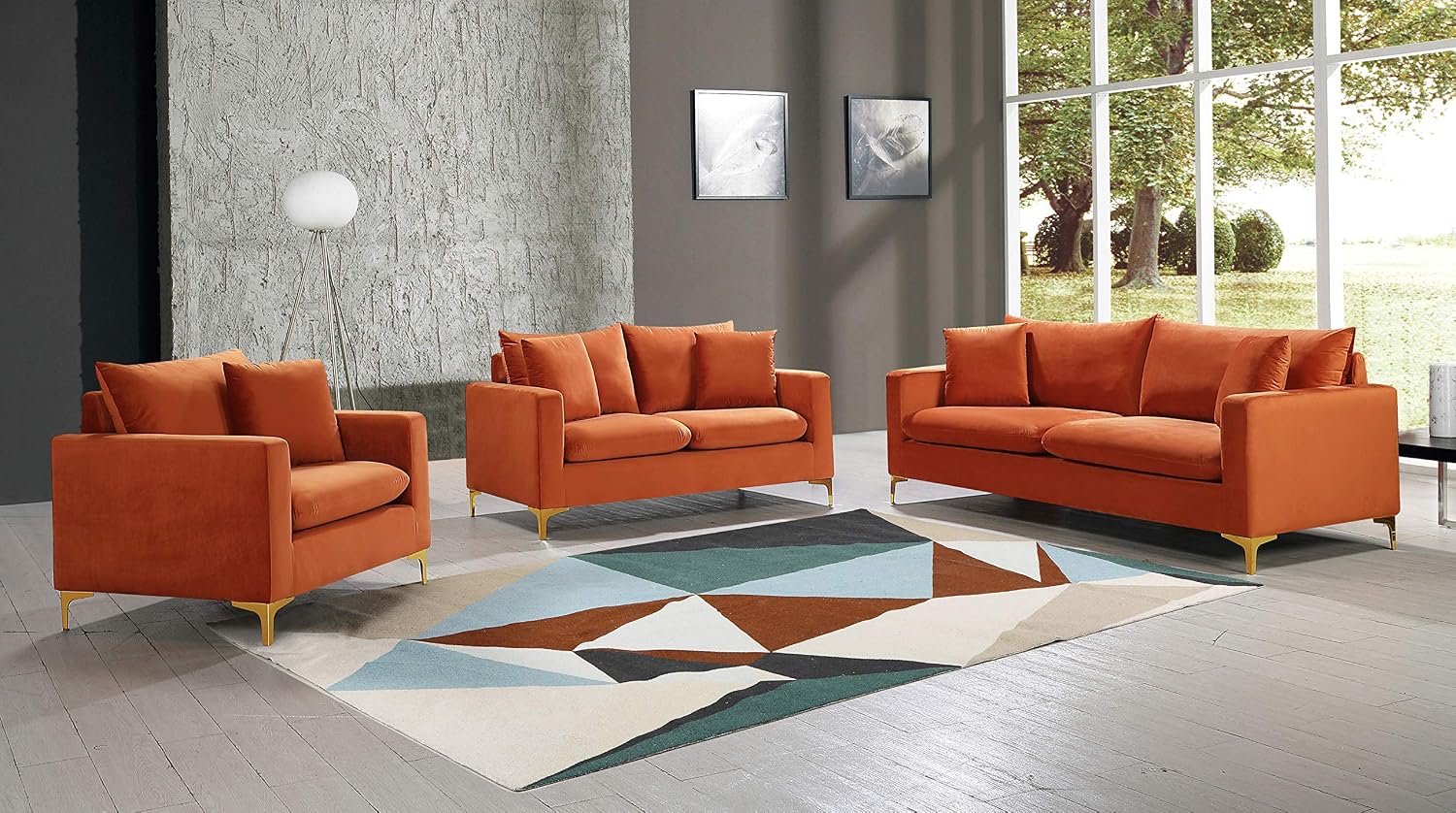 Meridian Furniture Naomi Collection Modern | Contemporary Grey Velvet Upholstered Loveseat with Stainless Steel Base in a Rich Gold or Chrome Finish, 633Grey-L