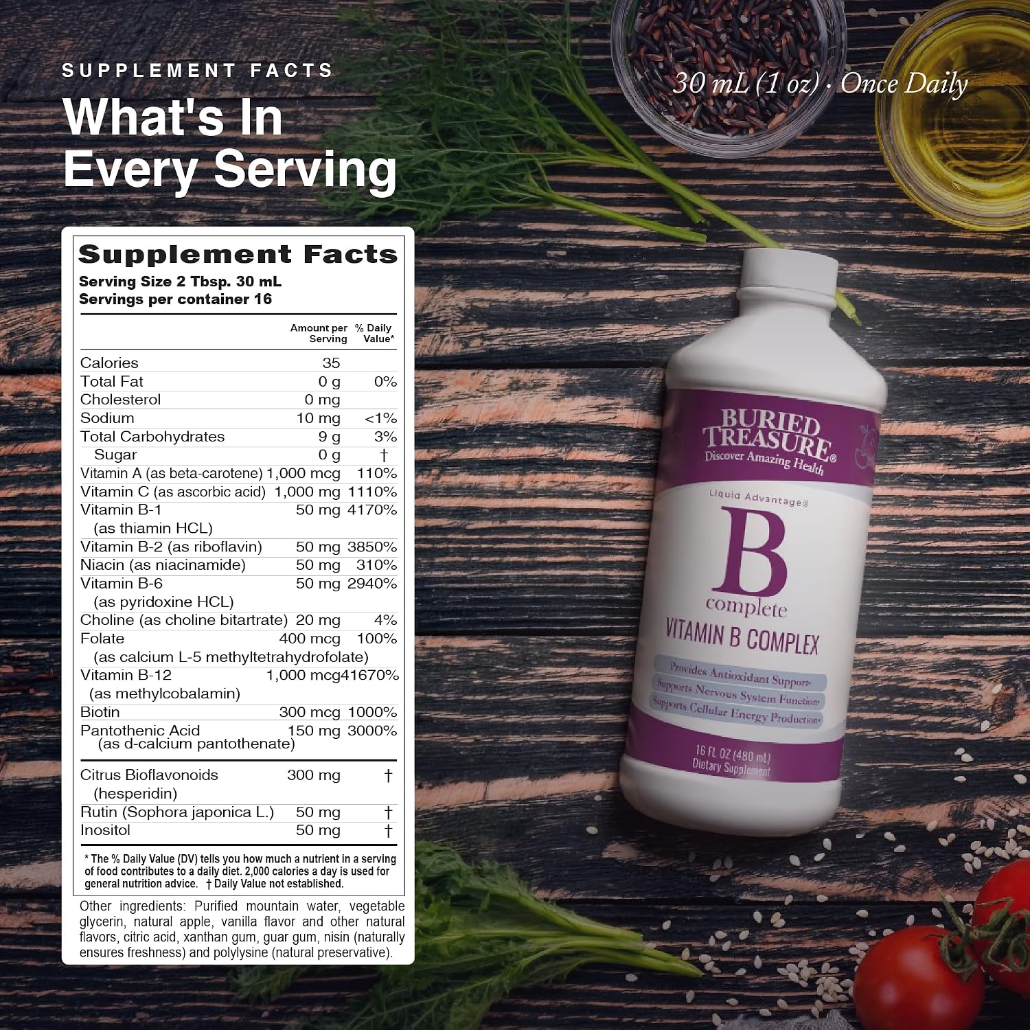Buried Treasure B Complete - 16 Fl oz, All 8 B Vitamins with Methylated B12 & Methylfolate, Biotin, B1, B2, B6, Antioxidant Support