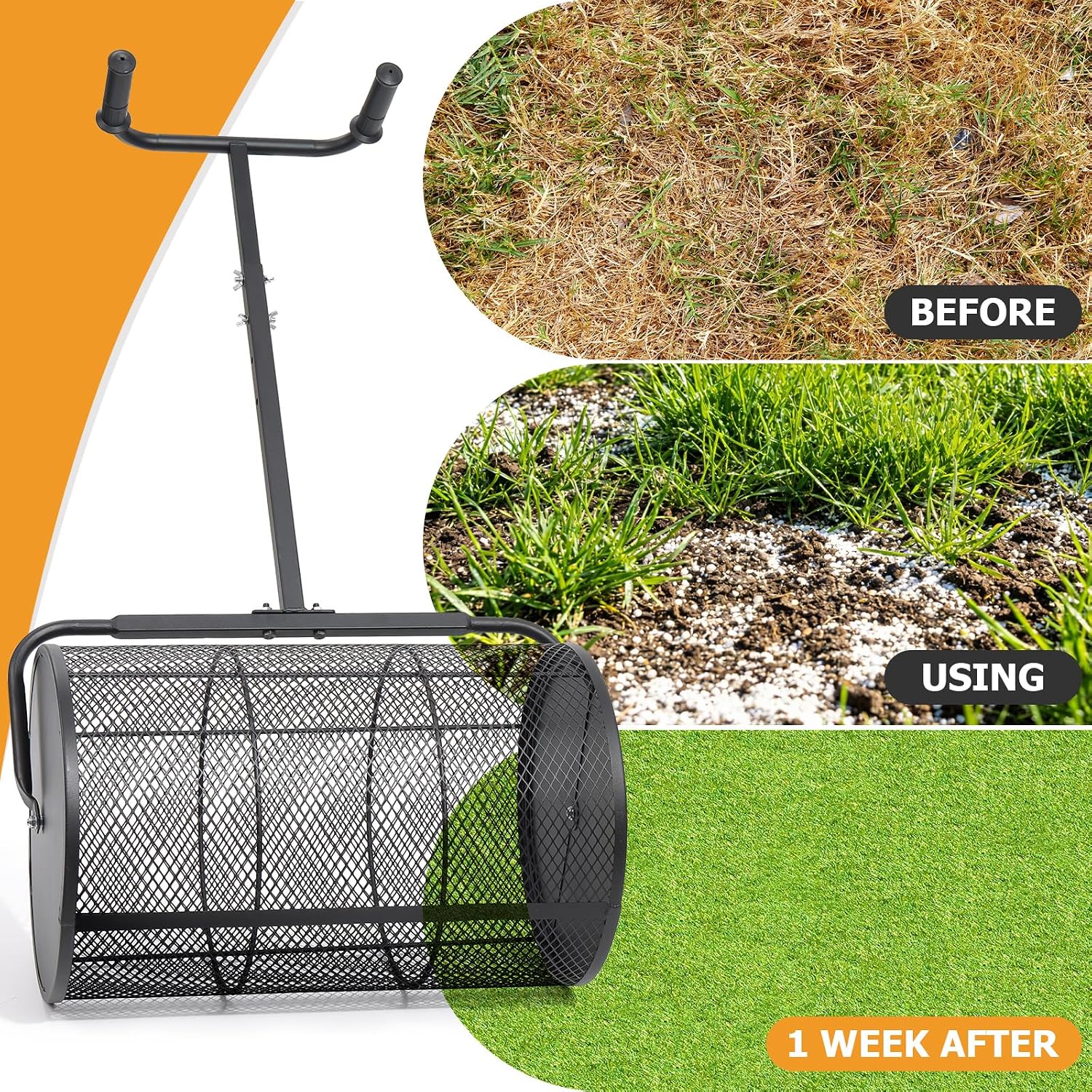 Compost Spreader 24in Peat Moss Spreader - U Shaped Comfortable Handle & Adjustable Height Powder-Coated Metal Mesh Hand Fertilizer Spreader for