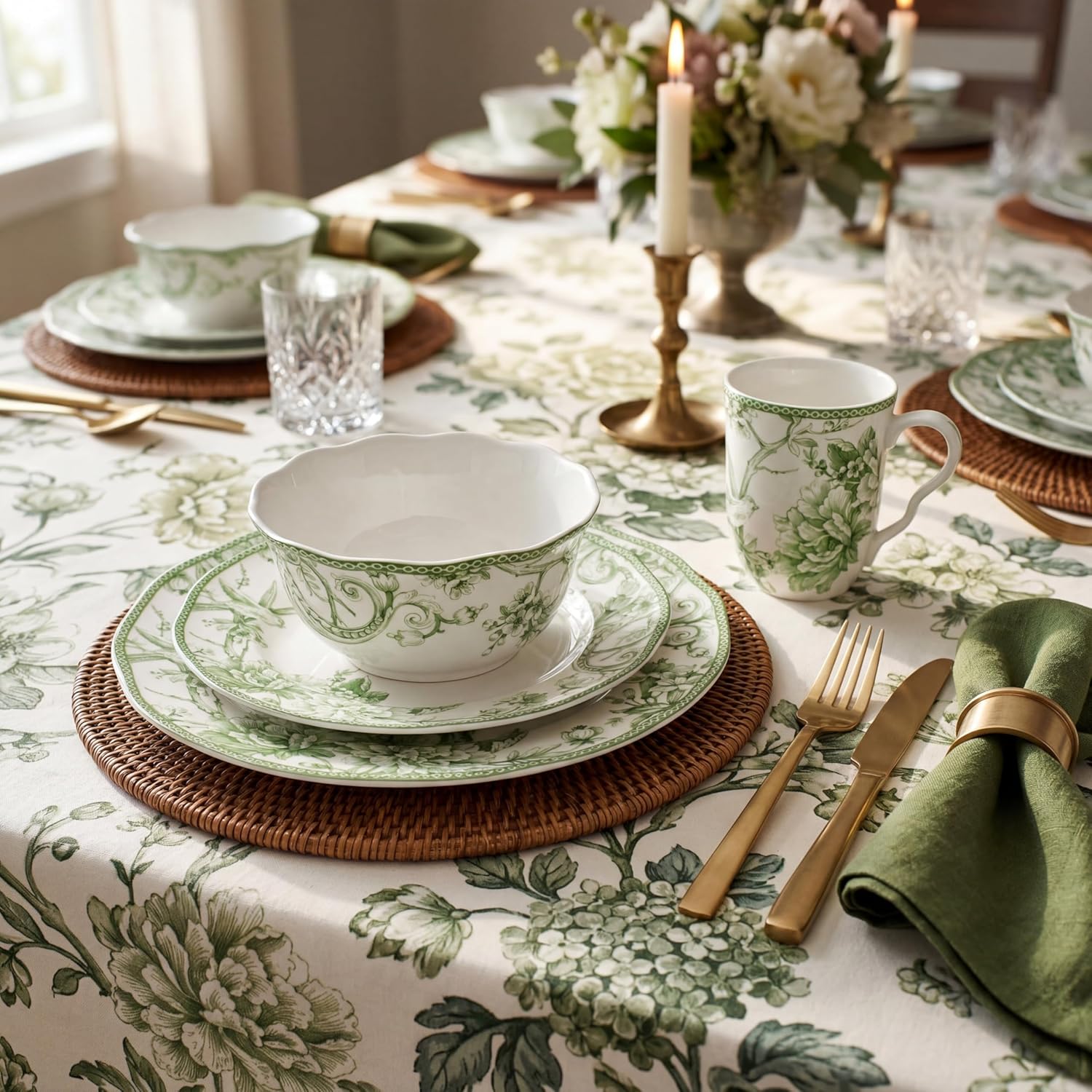 222 Fifth Adelaide 16-Piece Black Porcelain Dinnerware Set – Service for 4, Featuring Hand-Applied Romantic Woodland Bird Design