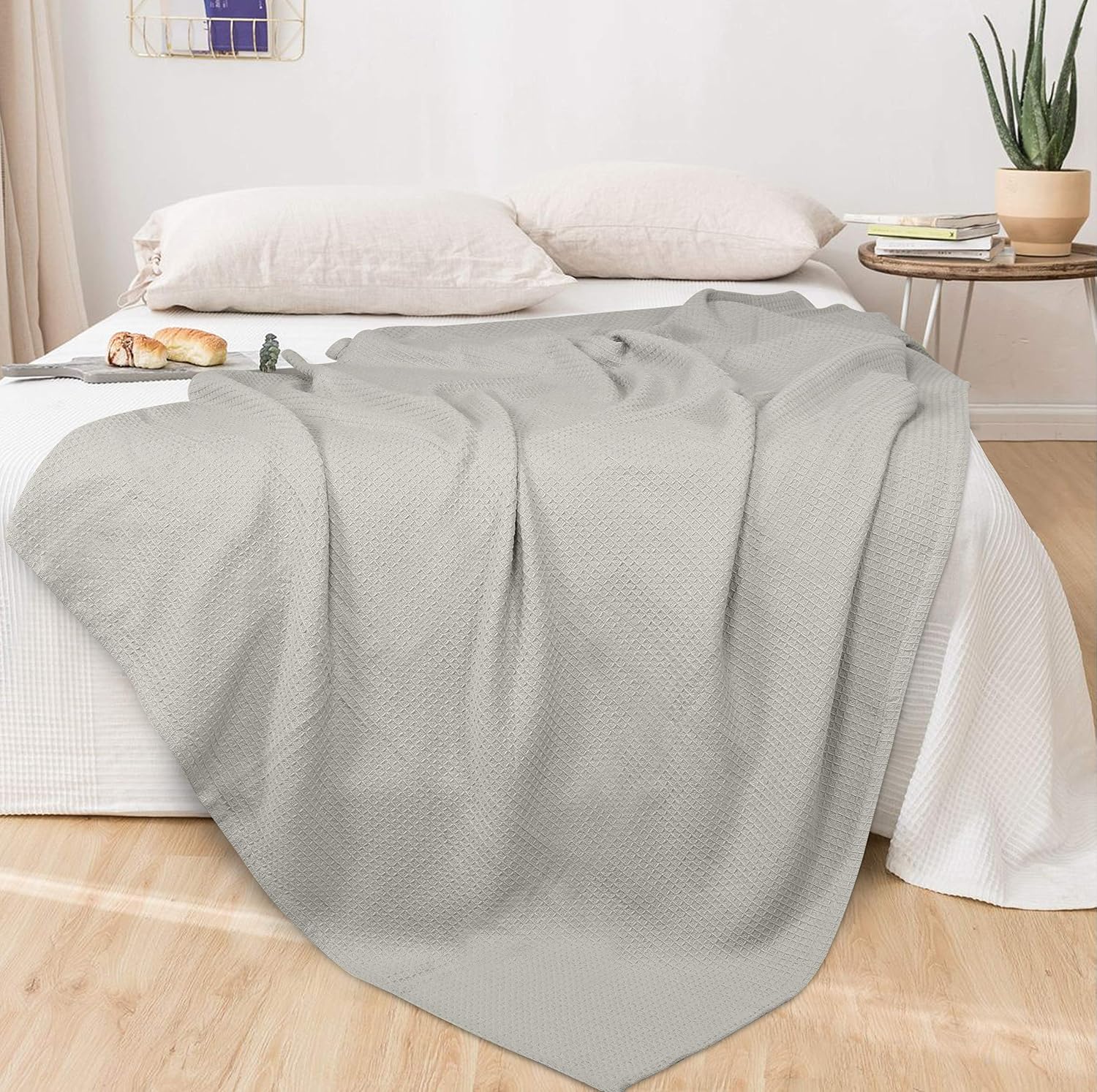 Glamburg 100% Cotton Thermal Bed Blanket, Soft Waffle, Queen Size, All Season, Navy Blue