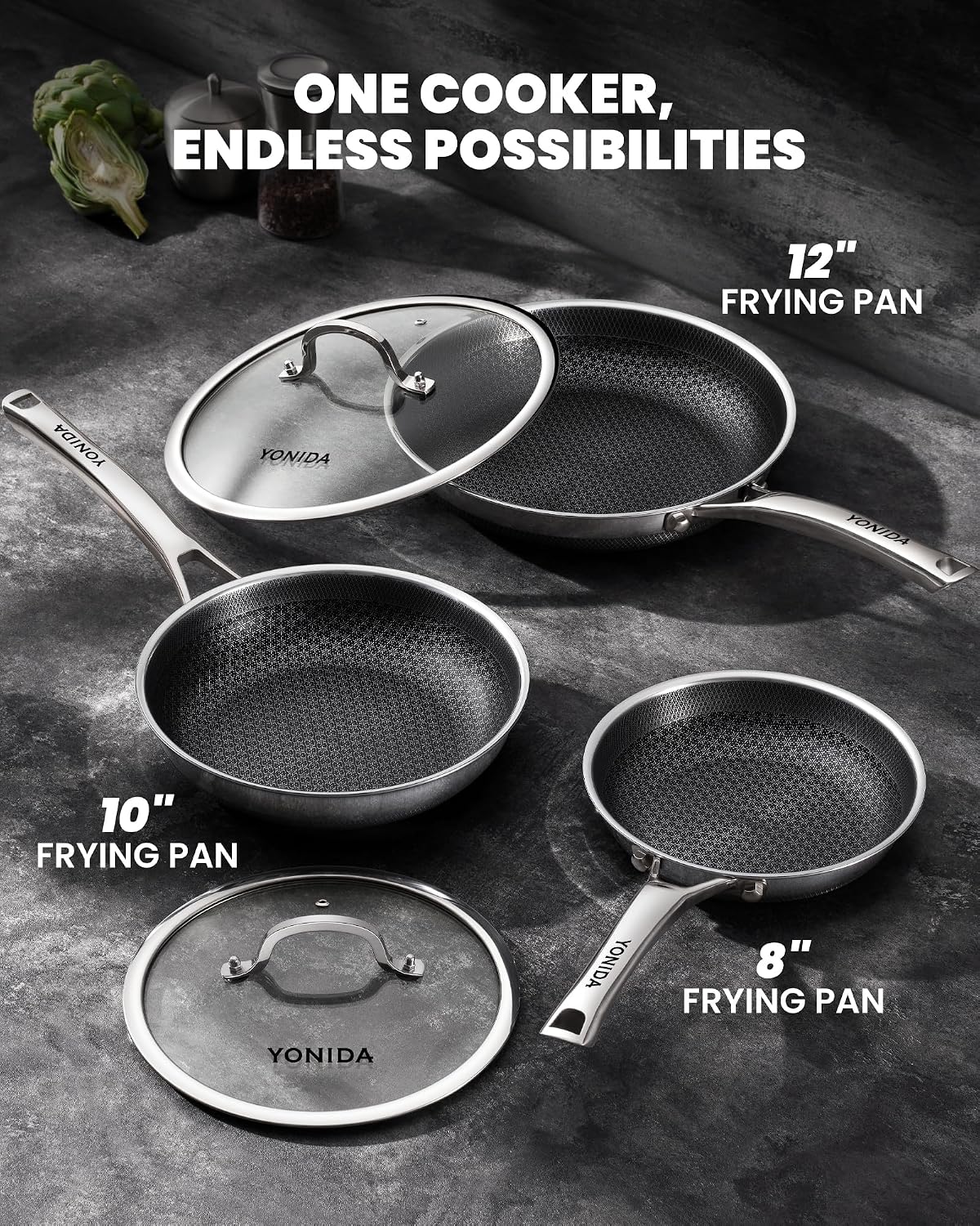Nonstick Frying Pans,12 Inch Commercial Baking Pan Skillet with Lid | Hybrid Stainless Steel, PFOA-Free, Dishwasher & Oven Safe,Induction Compatible