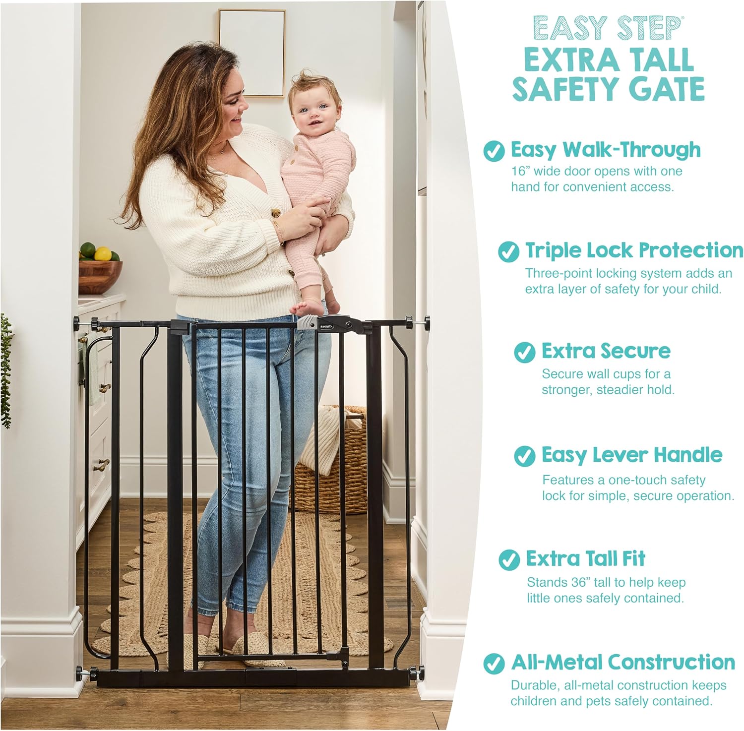 Regalo Safety 29"-49" Extra Wide Baby Gate, Bottom of Stairs & Doorways | Pressure Mounted with Door, For Babies, Toddlers & Pets, White, Tested & Trusted for 30 Years