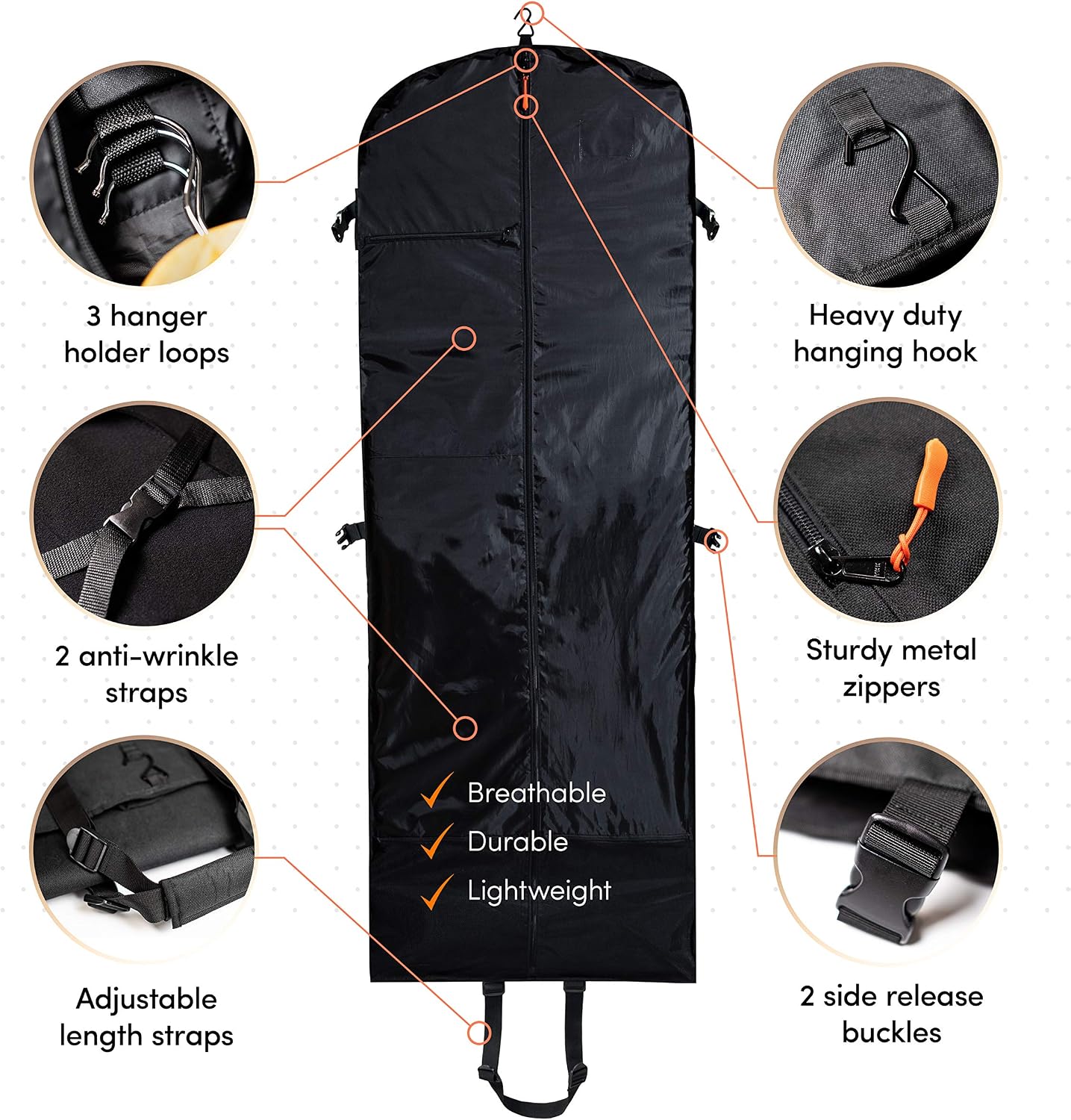 Trifold 66 Inch Women Travel Garment Bag With 7 pockets | Extra Long Wedding Dress, Formal, Evening, Ball Gown | Hanging, Breathable