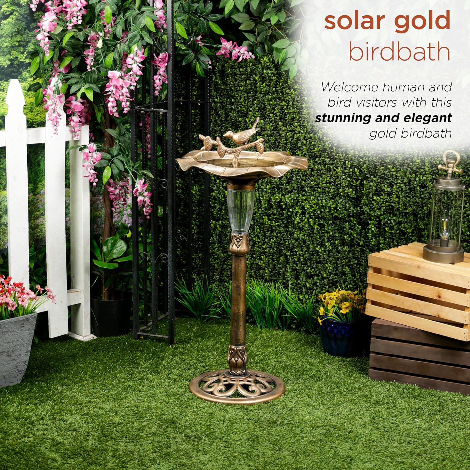 Alpine Corporation | 31" Tall Outdoor Birdbath with 2 Bird Figurines — Shallow and Wide Bird Feeder, Bronze Garden Accent