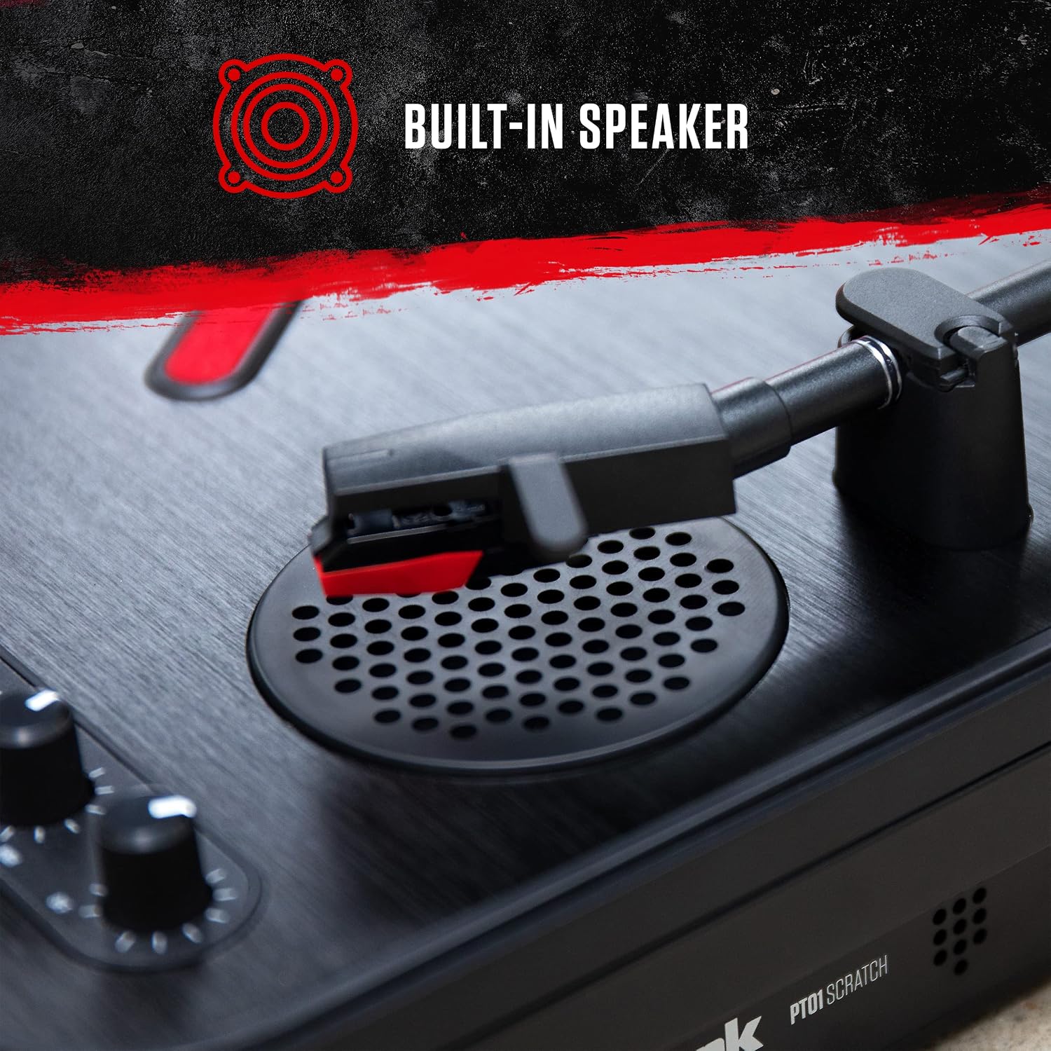 Numark PT01 Scratch Portable DJ Turntable | Scratch Switch, Built-In Speaker, 3-Speed Playback, USB Out, AC and Battery Power for Portablists