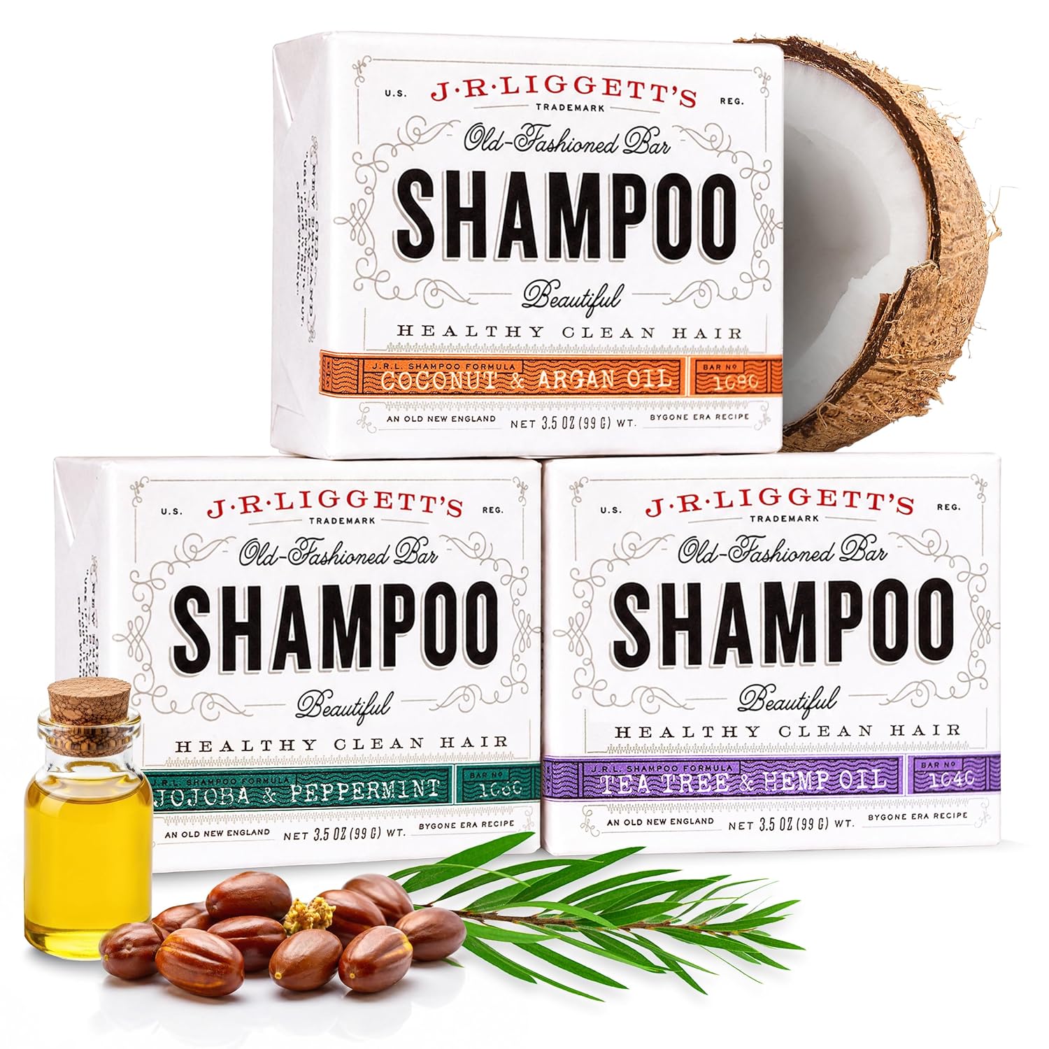 J.R.LIGGETT'S All Natural Shampoo Bar Variety Set 3-Pack, 3.5 oz Each | Tea Tree, Jojoba & Peppermint, and Coconut & Argan Oil Formula