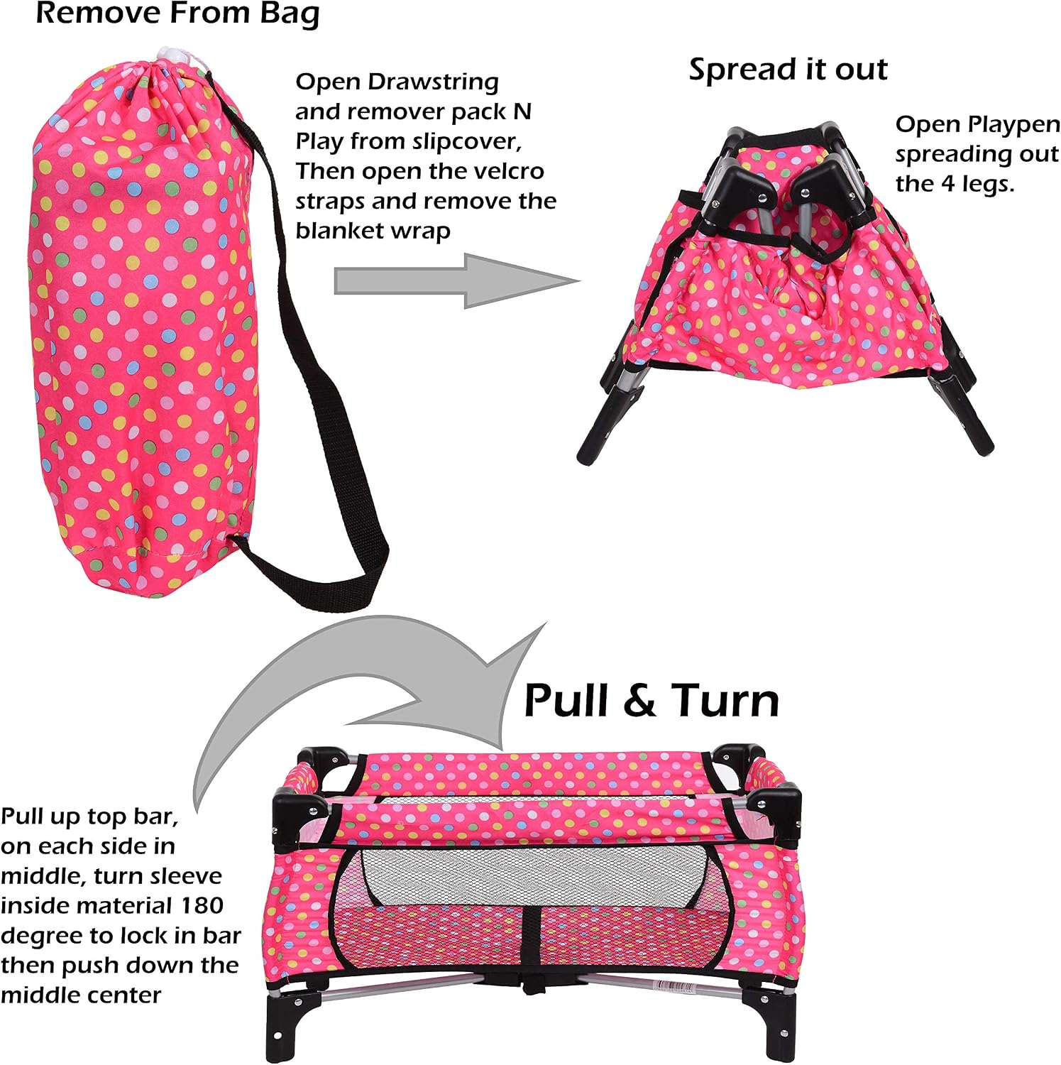 fash n kolor 4 Piece Baby Doll Play Set Flower Design Includes - Foldable Pack N Play, Baby Doll Stroller, Baby Doll High Chair, Infant Seat, Fits Up to 18'' Doll 4 Piece Doll Accessories Set