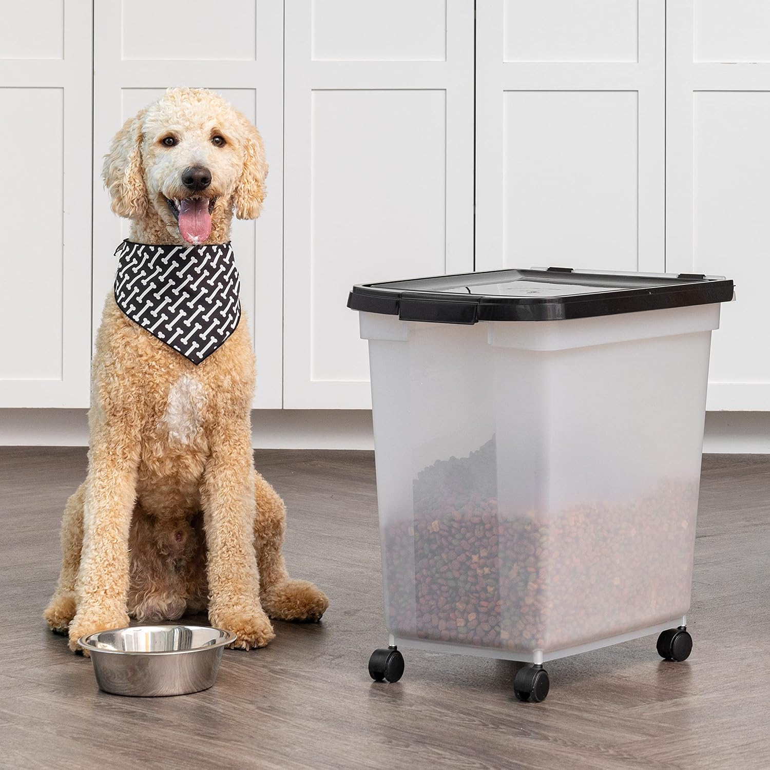IRIS USA Dog Food Storage Container, Up to 25 lbs, Black, Made in USA | Wheels for Mobility, Airtight Seal, BPA-Free, Best for Bird Seed, Cat food, Cat Litter, Chicken Feed, Pellets