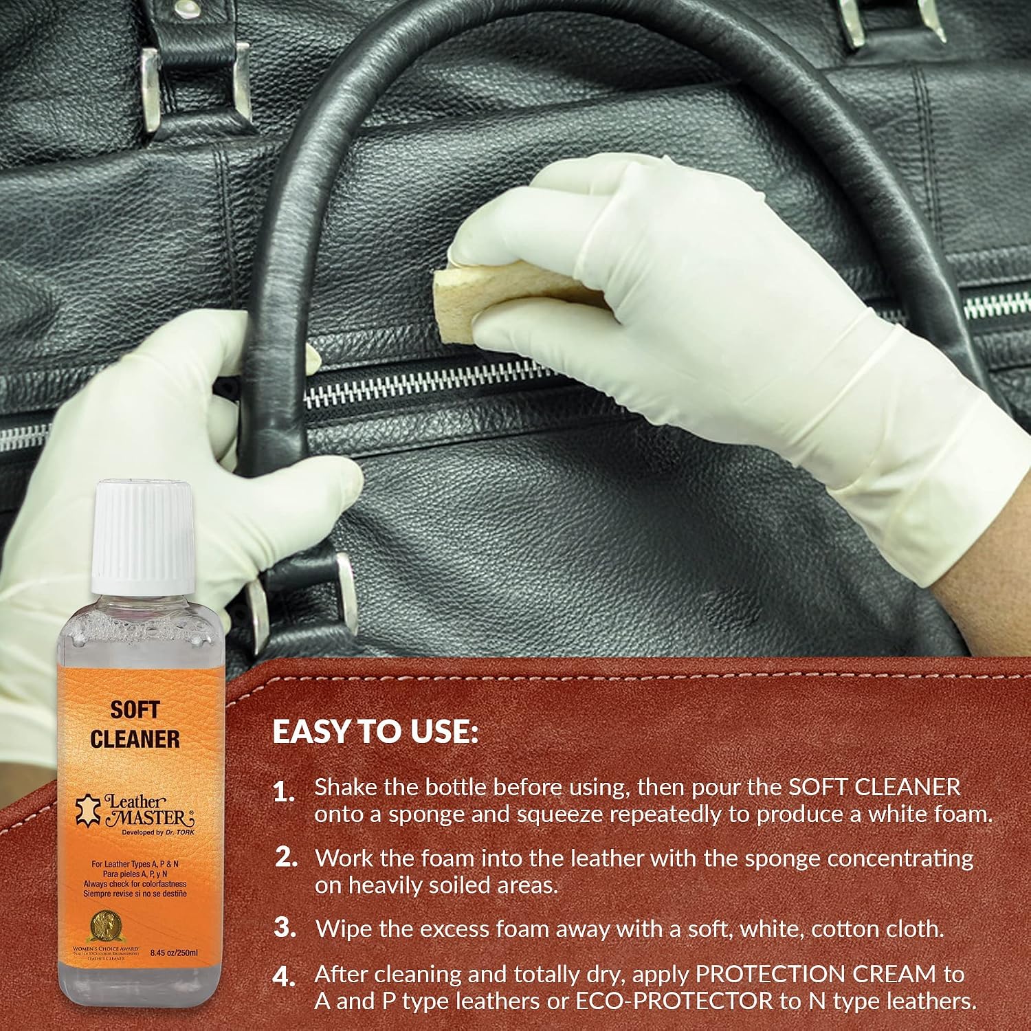 Leather Master Soft Leather Cleaner | Cleans & Removes Stains on Leather, Faux, & Vinyl | Leather Cleaner for Car Seats, Couches, Purses, Shoes & More