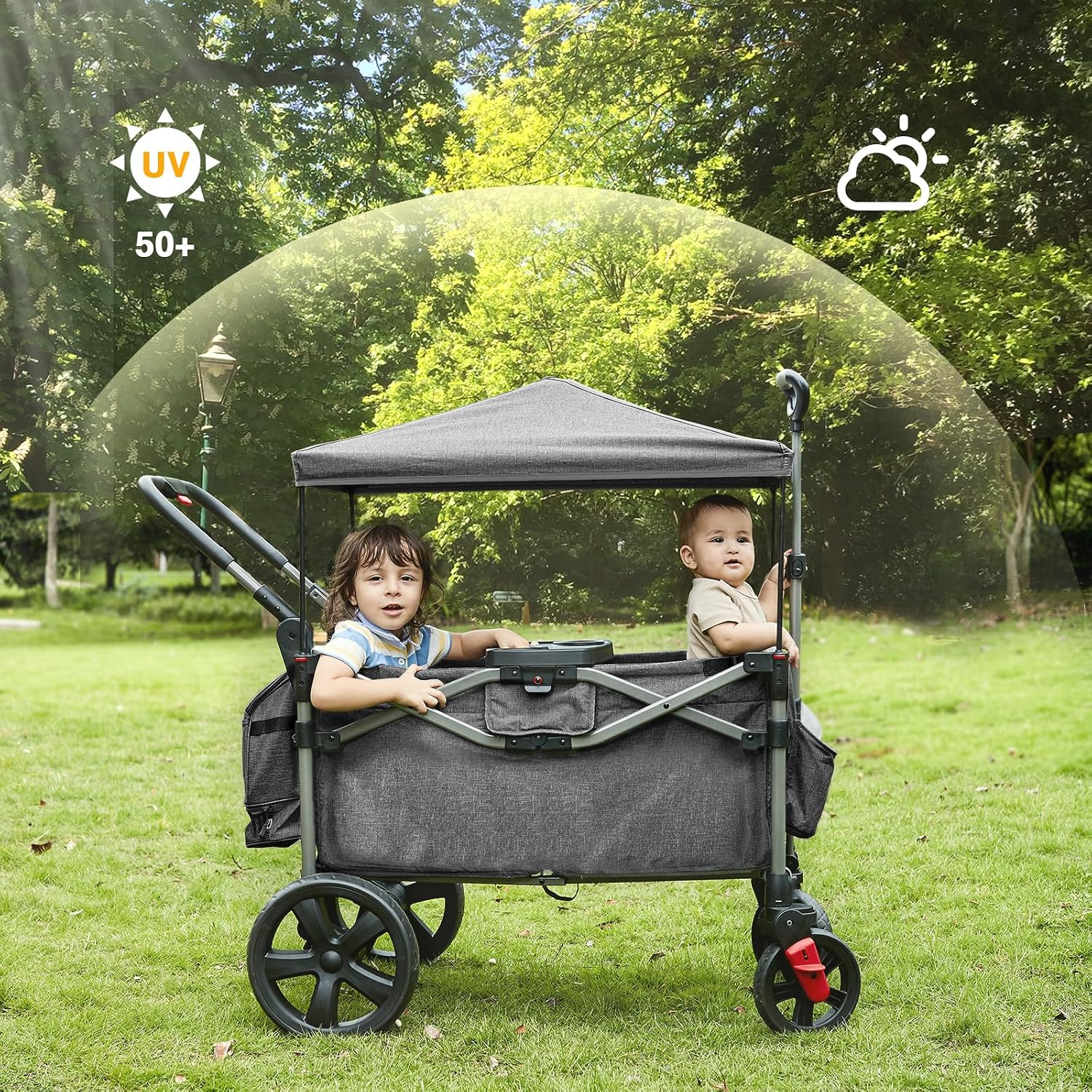 EVER ADVANCED Foldable Wagons for Two Kids & Cargo, Collapsible Folding Stroller with Adjustable Handle Bar,Removable Canopy with 5-Point Harness Gray