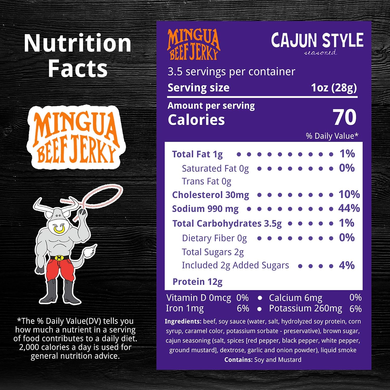 Mingua Beef Jerky Cajun-Seasoned - Nitrite-Free Spicy Beef Jerky - 100% US Beef, Four 3.5-Ounce Bags