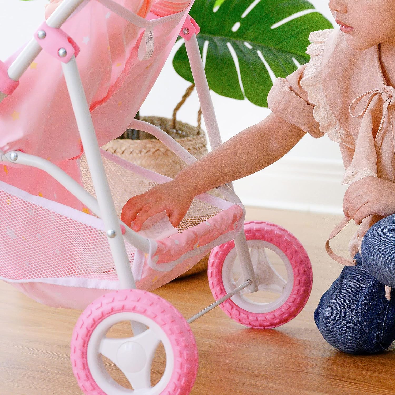 Olivia's Little World Doll Jogging-Style Stroller with Canopy, Storage Underneath, Pink and Cream and Gray | Canopy, Storage Underneath