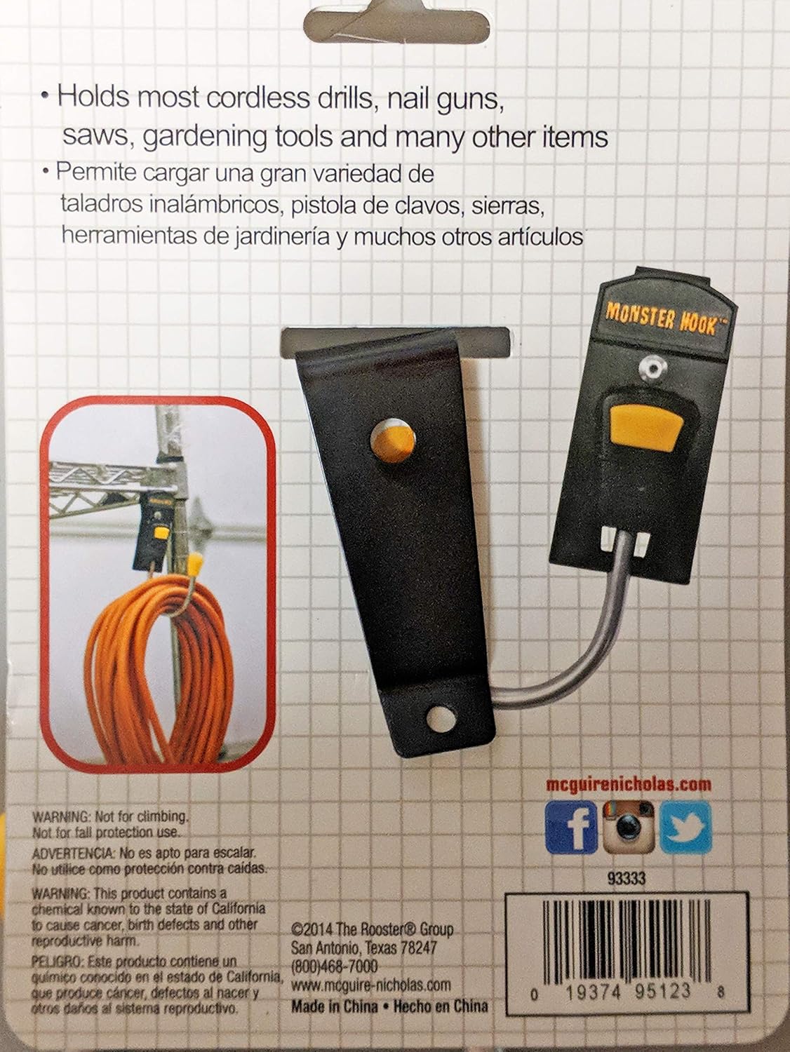 McGuire-Nicholas Monster Hook, 1 Pack, Black and Yellow | Metal clip, 180° rotating hook for drills, nail guns, saws, and garden tools