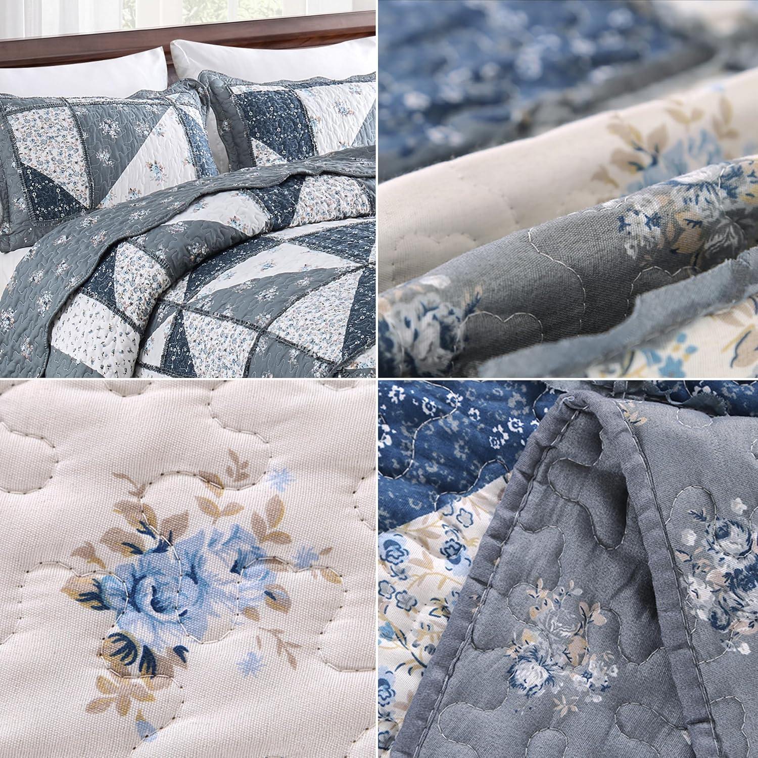 VIVILINEN Blue Floral Patchwork Quilt Set, Full Queen Size, 3 Piece Bedding Set with 2 Pillowcases