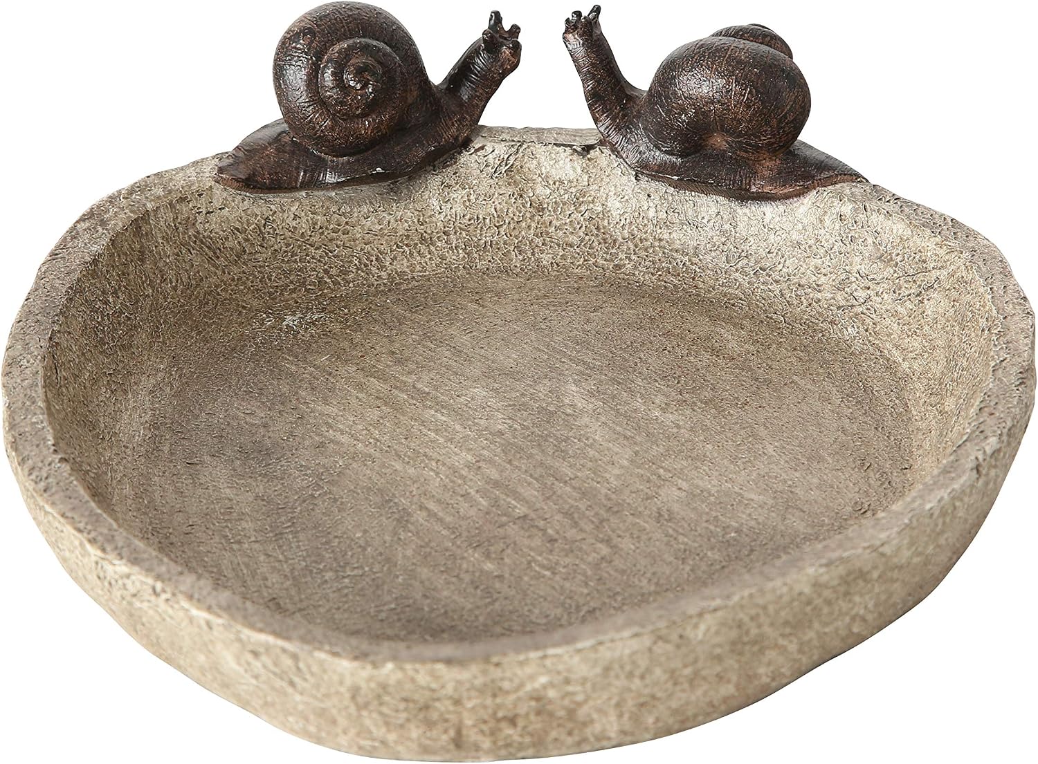 Bird Bath with 2 Snails, Off White Stone Finished Basin and Brown, All Weather Poly Resin, 8 1/4 inches Diameter (21cm)