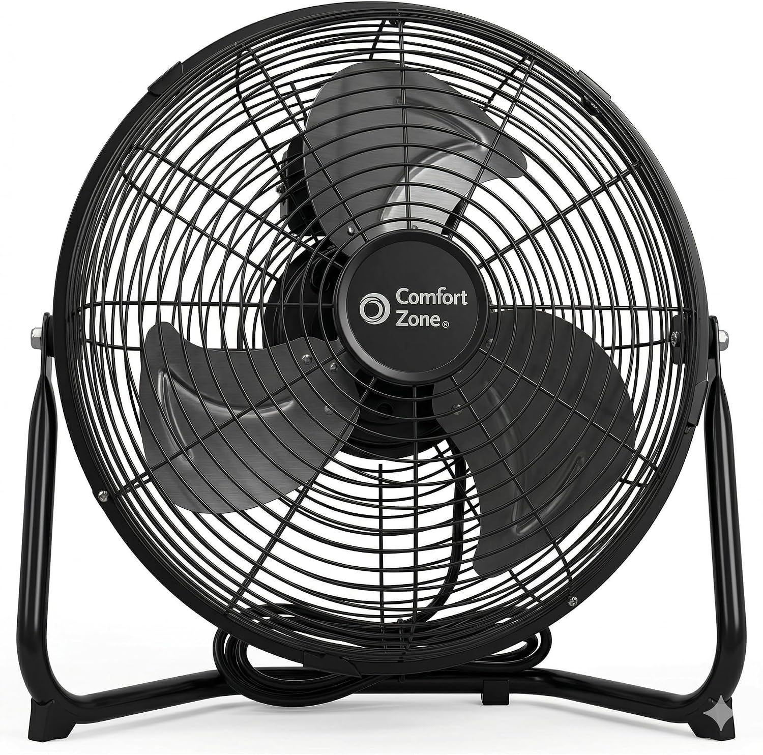 Comfort Zone 9 inch Cradle Fan, 3 Speed Floor or Table Fan with180 Degree Tilt, Metal Construction and Aluminum Blades, Carry Handle, Rubber Feet, Ideal for Bedroom, Workshop, or Garage, Black
