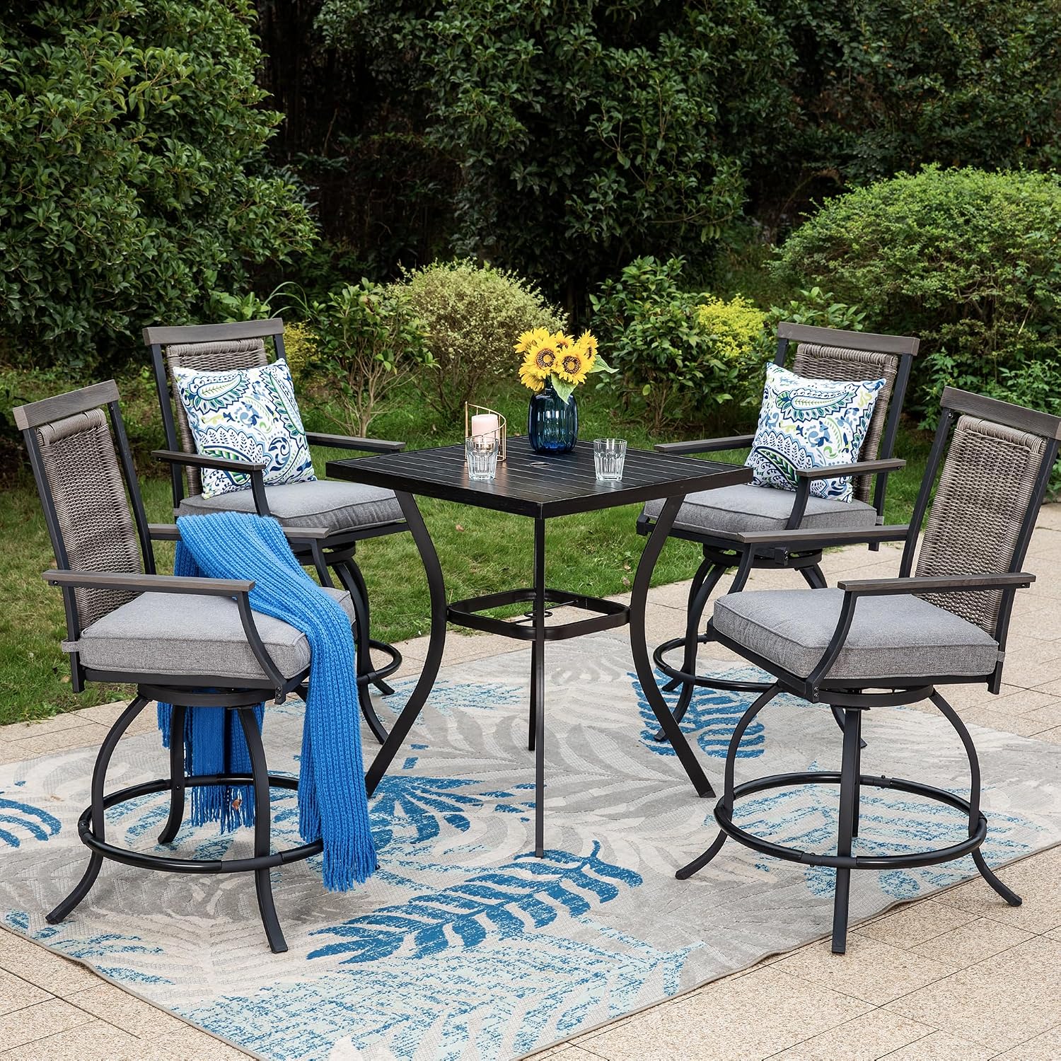 PHI VILLA Outdoor Bar Set 3 PCS Patio Bistro Table & Swivel Stools