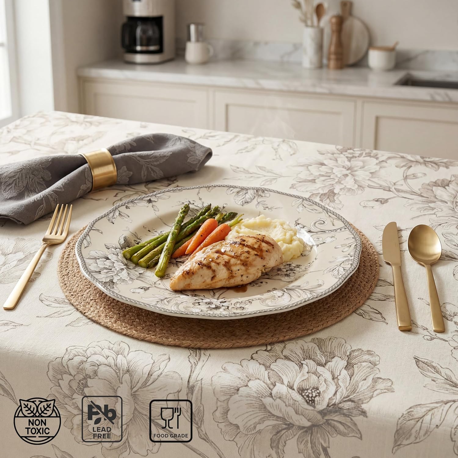 222 Fifth Adelaide 16-Piece Black Porcelain Dinnerware Set – Service for 4, Featuring Hand-Applied Romantic Woodland Bird Design