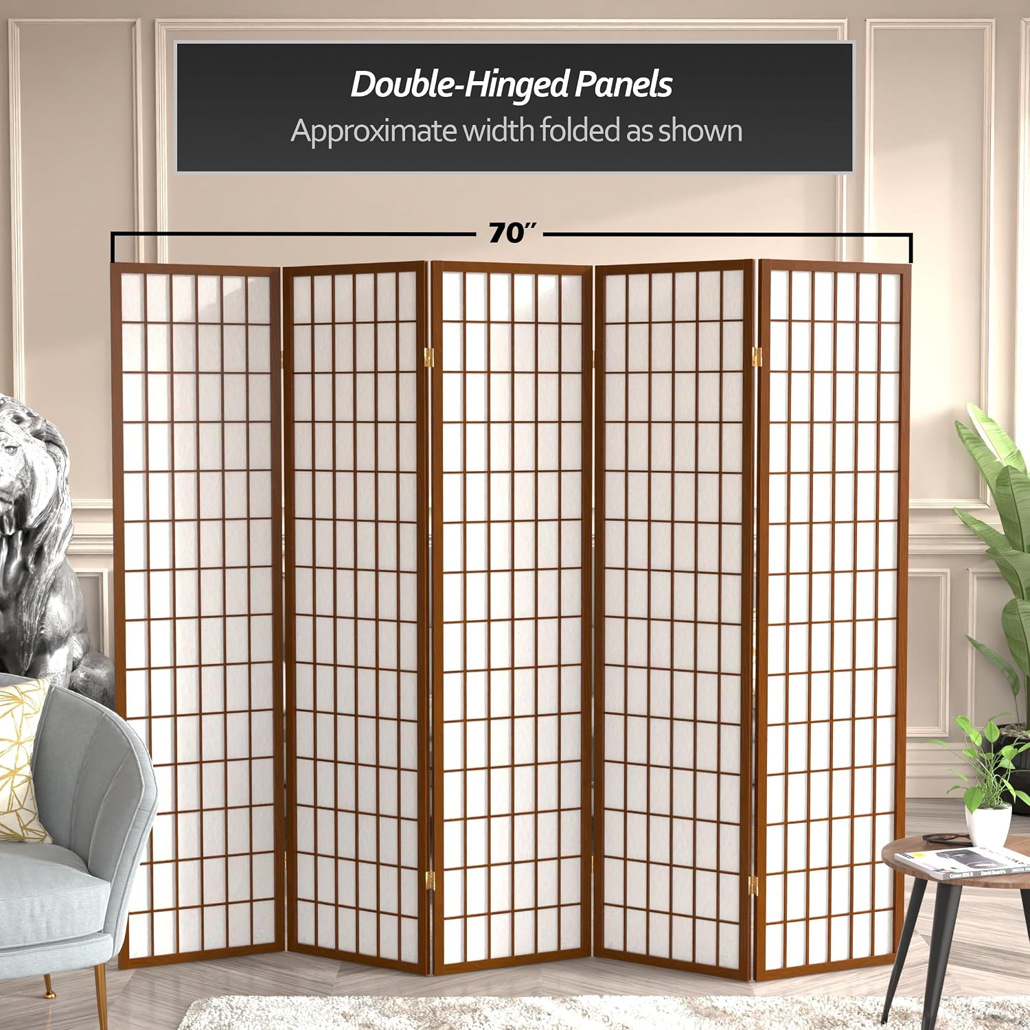 Red Lantern 6 ft. Tall Window Pane Shoji Screen - Walnut - 5 Panels