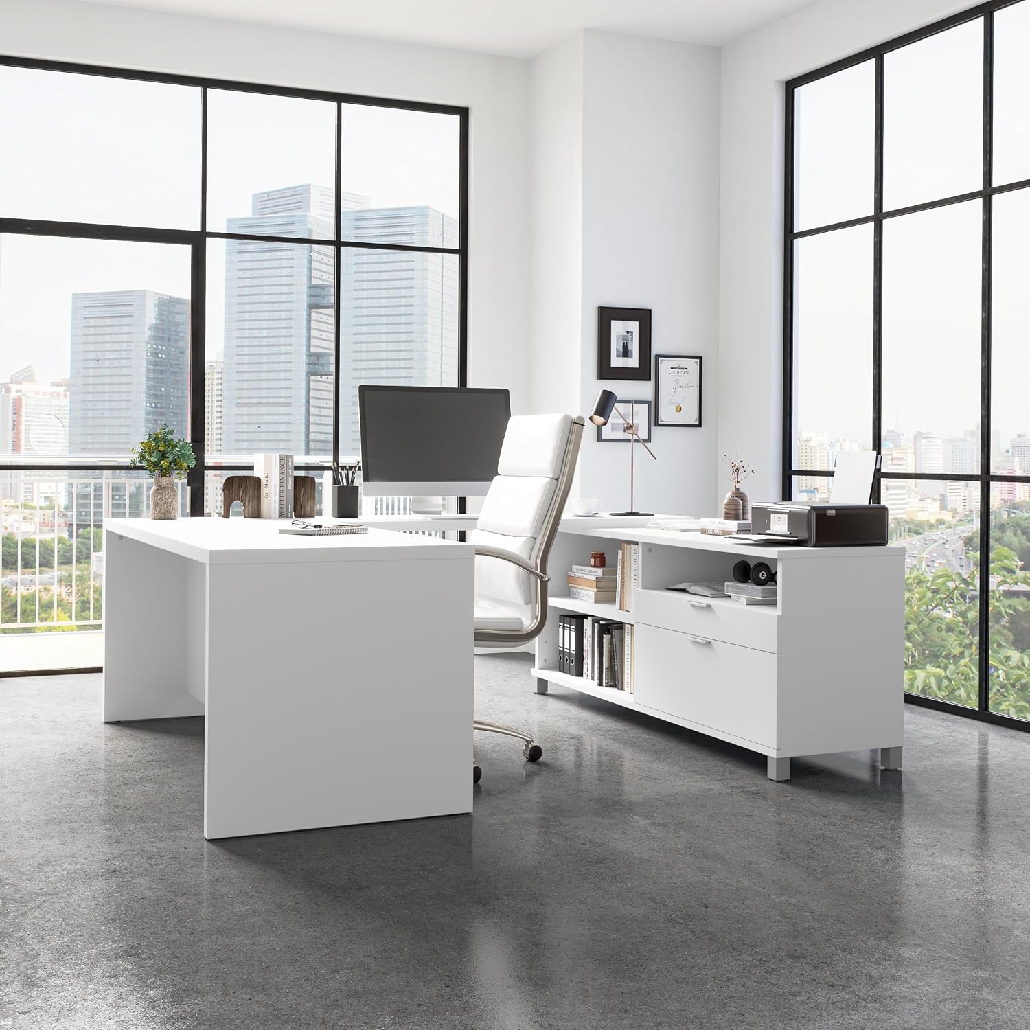 Bestar Pro-Linea 72W U-Shaped Executive Desk in Bark Grey | With Desk Shell, Credenza, Desk Bridge; for home or professional office use; 1 file drawer, 1 box drawer; Wood construction