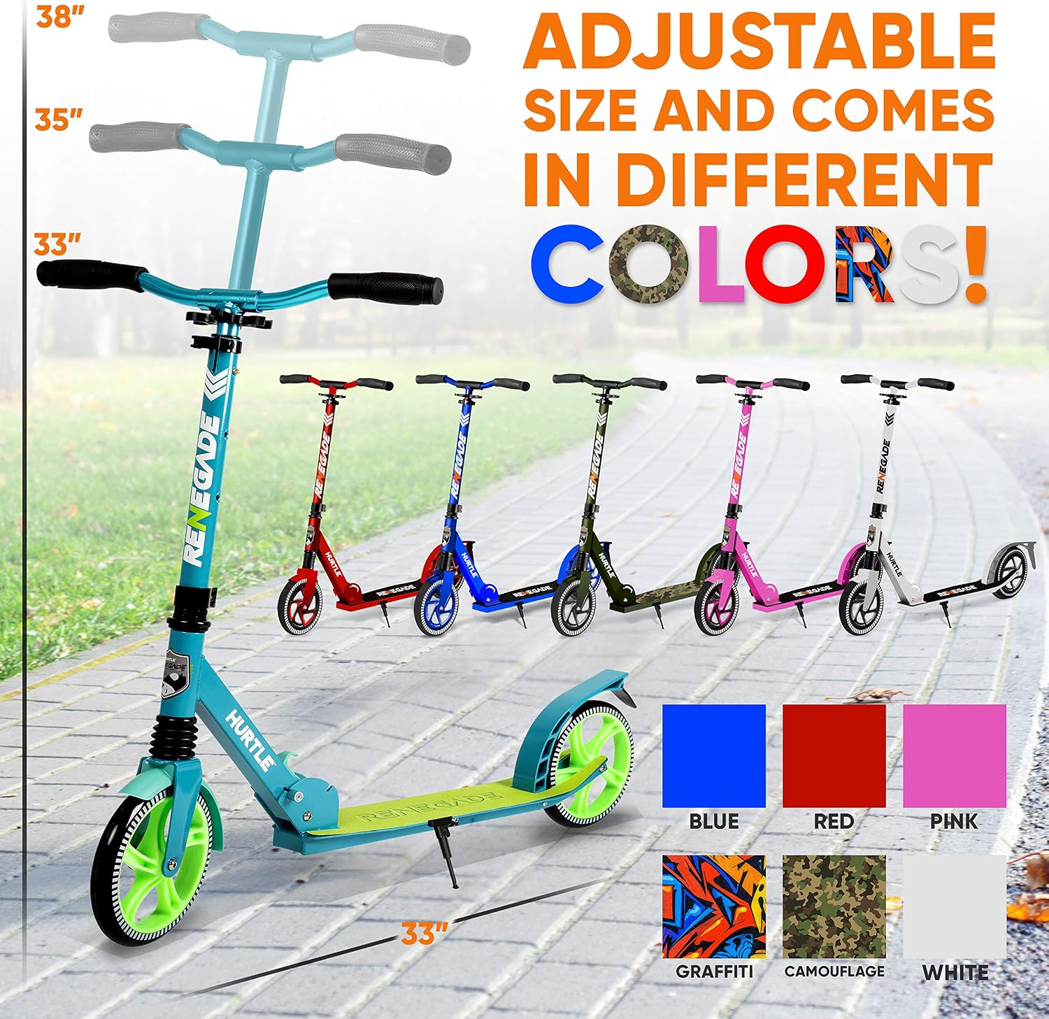 Hurtle Renegade Kick Scooter for Kids, Teenagers & Adults - 2-Wheel Folding Scooter with Adjustable T-Bar Handlebar - Alloy Anti-Slip Deck