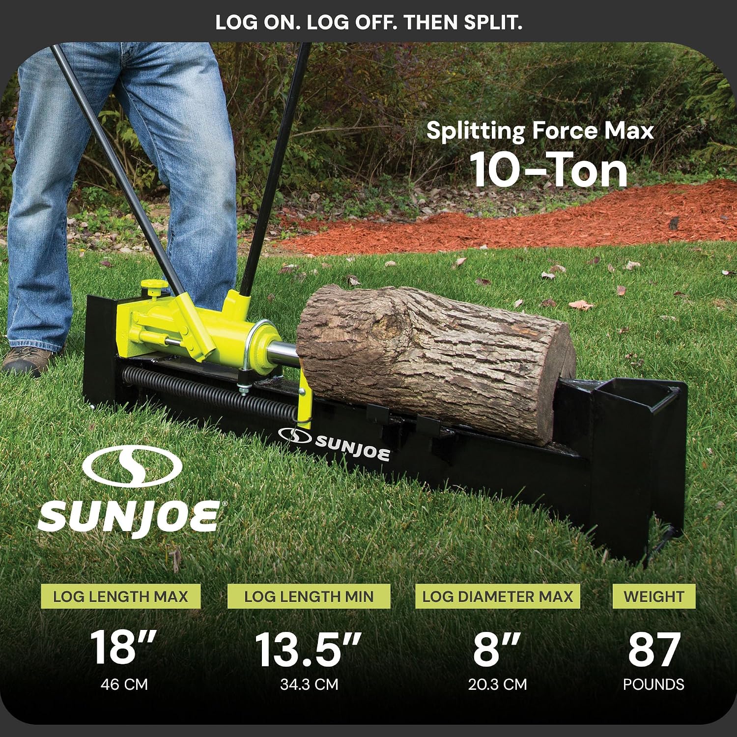 Sun Joe Cordless Manual Hydraulic Steel Beam Log Splitter, Portable and Compact, 10 Ton Capacity - Wood Splitting Machine and Equipment for Fireplace