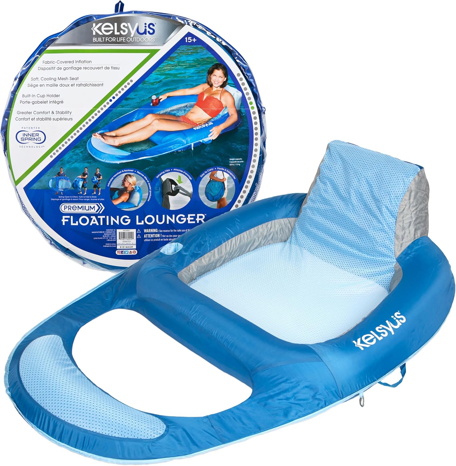 Kelsyus Spring Float Pool Lounger Chair, Light Blue | Fast Inflation for Immediate Use During Travel, Fits Most Adults and Teens