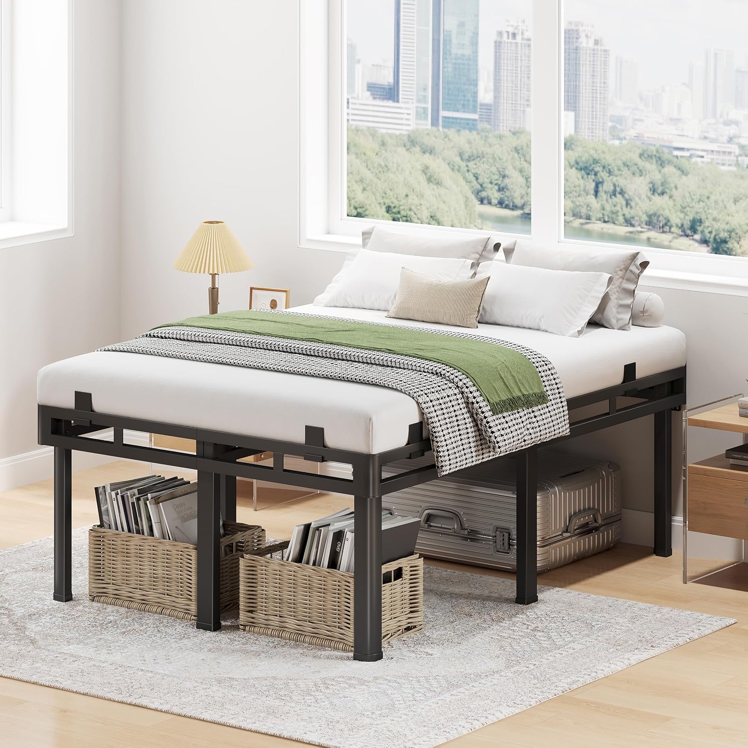 Superay 24 inch HIgh Queen Bed Frame with Rounded Legs, Double Layer Design | Metal Bed Frame & Box Spring 2 in 1 High Platform with Matress Gasket & headboard Adapter, Heavy Duty Support 4000lbs, Black