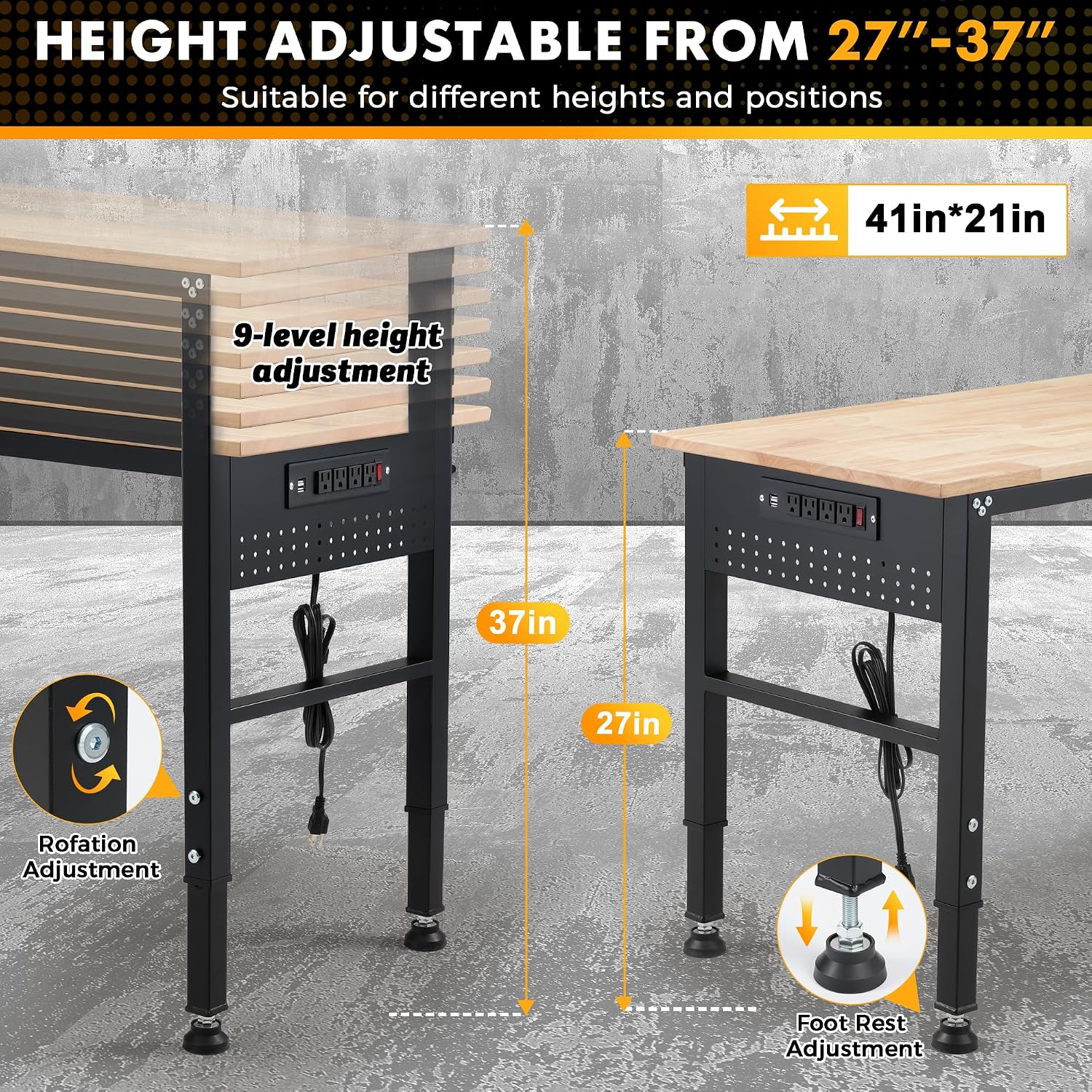 48" Adjustable Rubberwood Workbench with Foldable Extension Board & Power Outlet, Extra Large 48x32In 9-Level Height 27"-37", 2000 LBS Heavy Duty for Workshop Garage Office Home