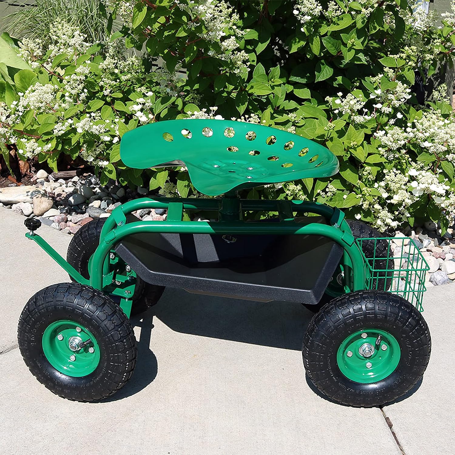 Sunnydaze Rolling Garden Cart with Seat - Garden Stool with Wheels and Adjustable 360-Degree Swivel Seat - Utility Tool Tray and Storage Basket - Green