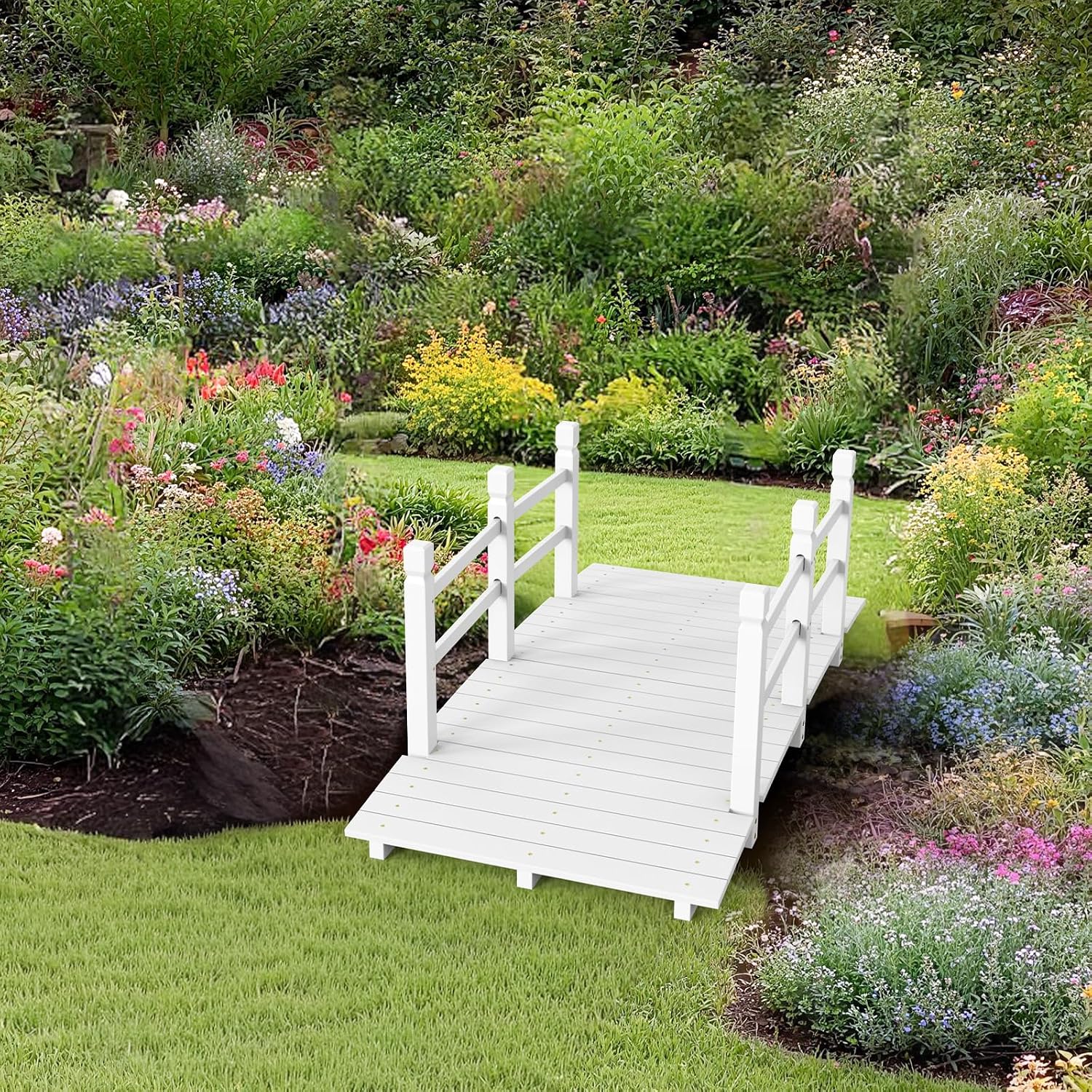 VINGLI 5 ft Garden Bridge, Classic Wooden Arch with Safety Rails Stained Finished Footbridge, Decorative Pond Landscaping, Backyard, Creek or Farm