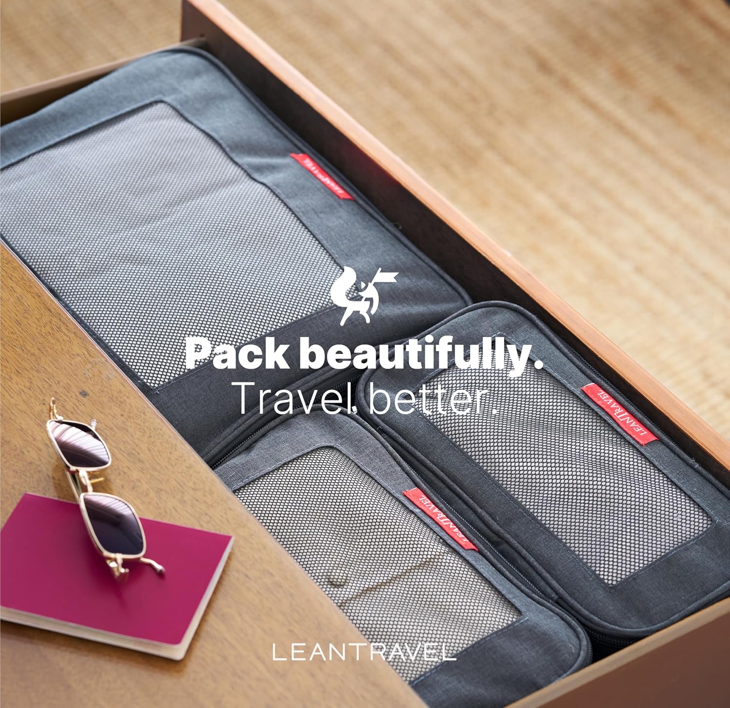 LeanTravel Premium Compression Packing Cubes for Travel - Suitcase Organizer Bags with Double Zipper & Breathable Mesh Panel - Space Saving Carry On Luggage Essentials (6-Pack, Grey)