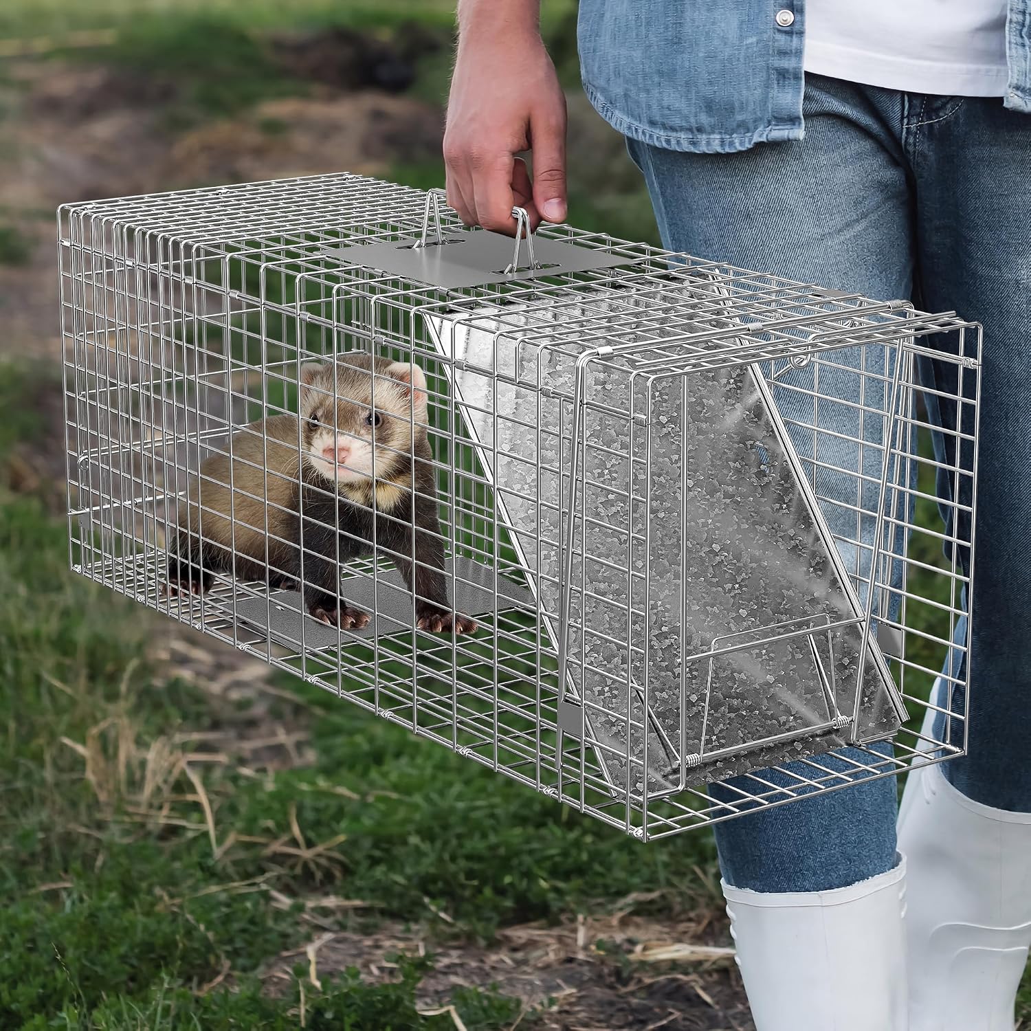 24" x 7.5" x 8" Small Live Animal Trap Steel Cage Catch and Release One Door Humane Rodent Cage Trap for Little Rabbits/Stray Cats/Squirrel/Skunk/Mink/Opossum Outdoor Animals