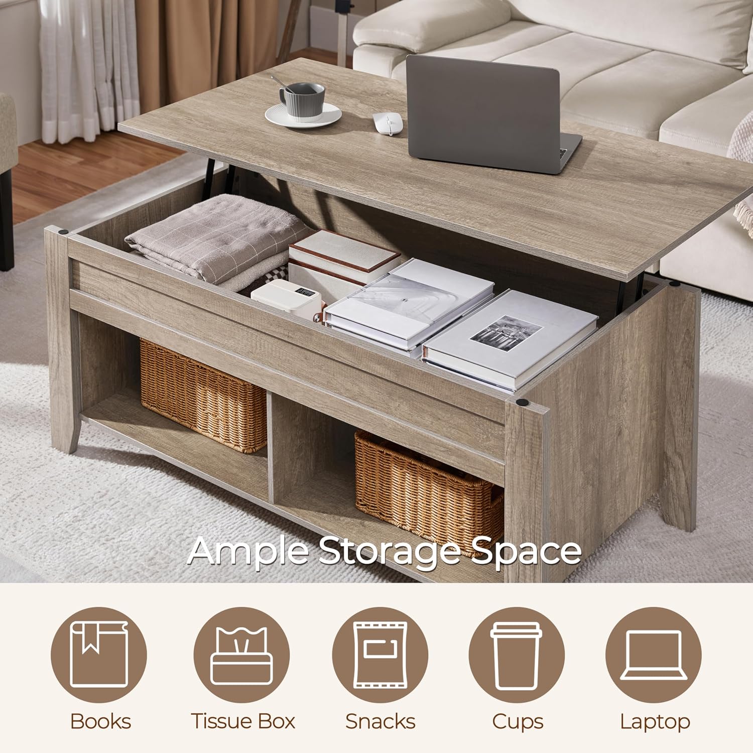 Yaheetech Lift Top Coffee Table with Hidden Storage Compartment Gray 47.5in