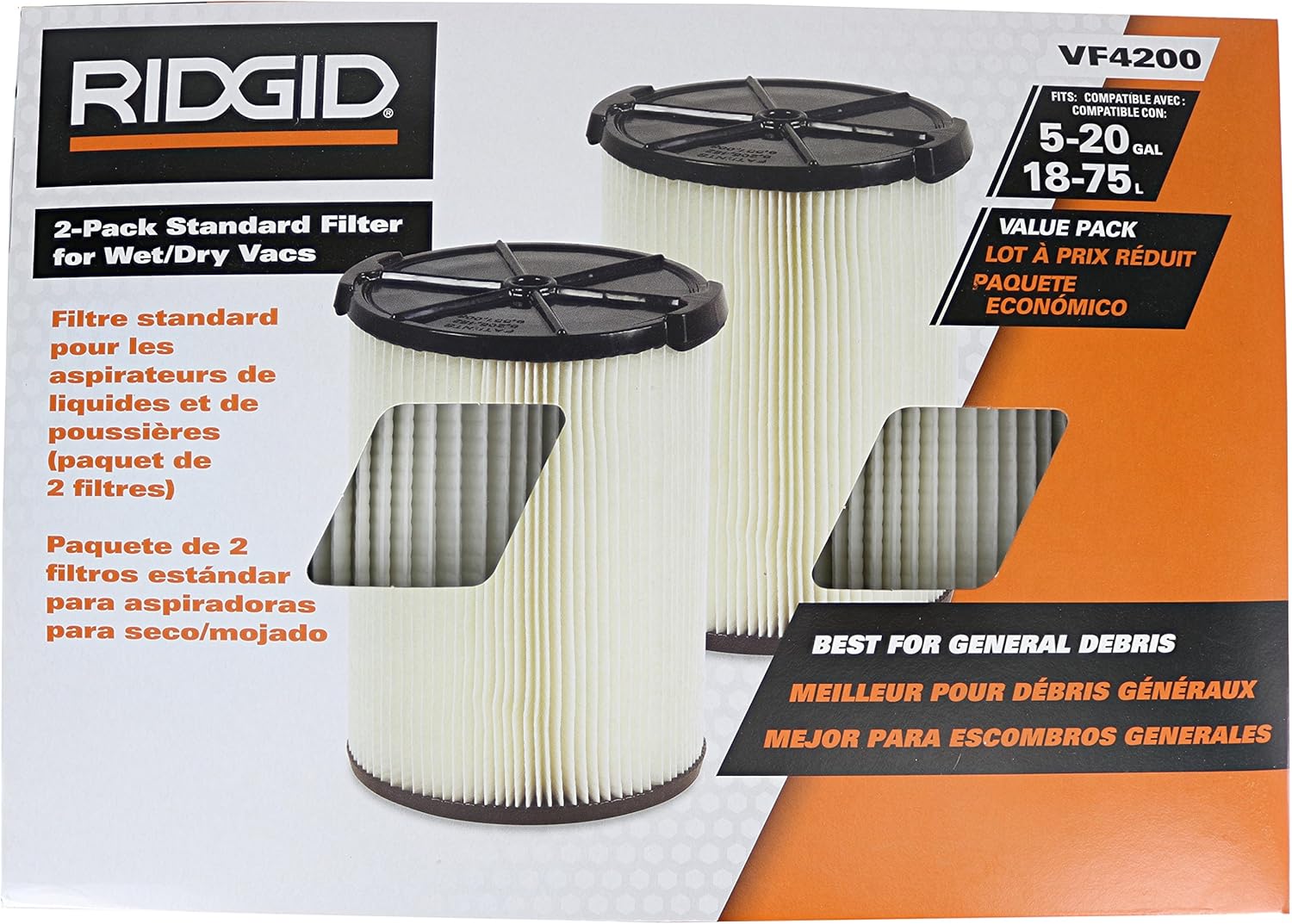 Ridgid VF4200 Genuine Replacement 1-Layer Everyday Dirt Wet/Dry Vac Filter for Ridgid 5-20 Gallon Vacuums (2 pack VF4000)