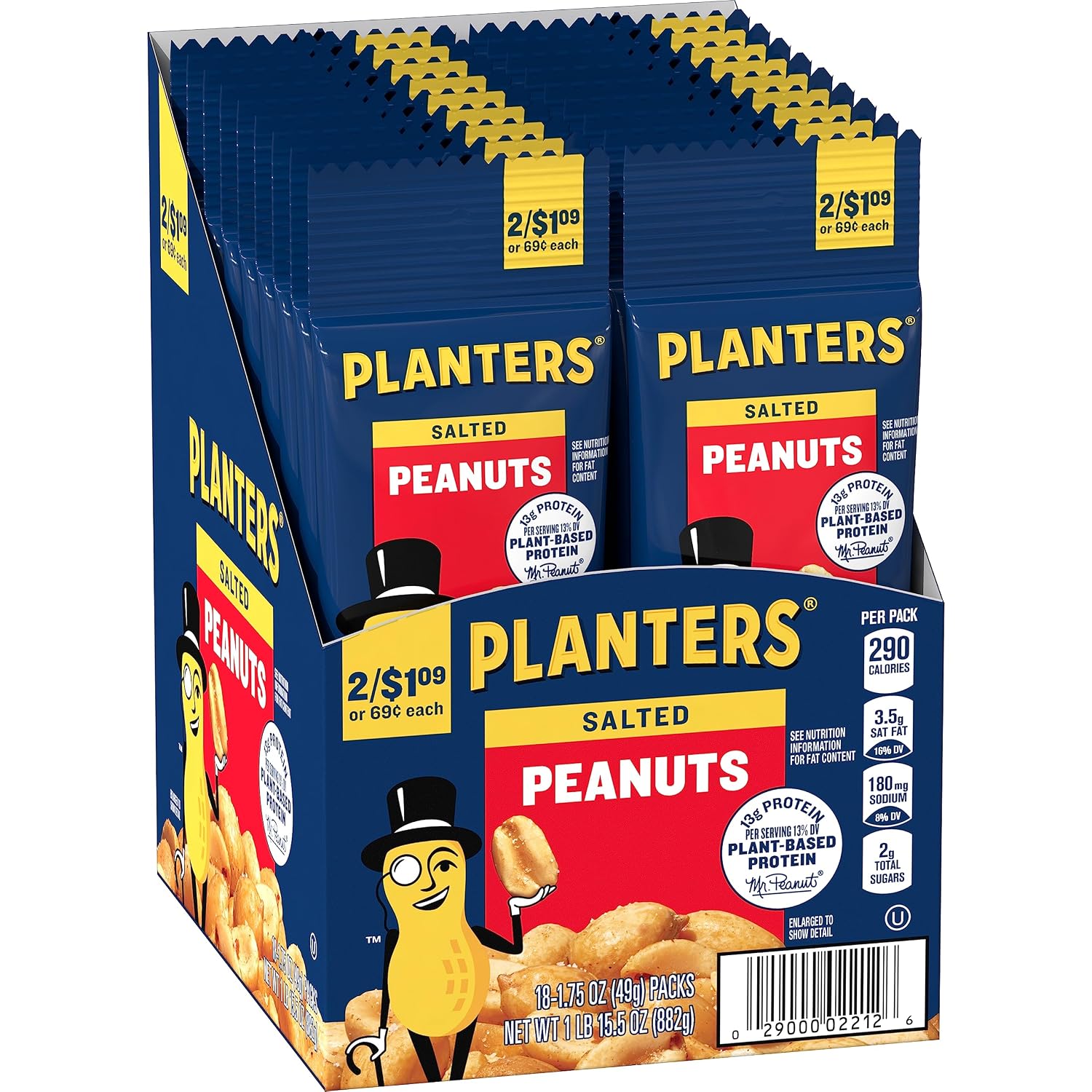 PLANTERS Salted Peanuts, Plant Based Protein Snacks, 1 Oz (48 Ct) | Roasted Salted Nuts Snack Packs. Kosher. Bag. Snacks for Adults. Individual Snacks