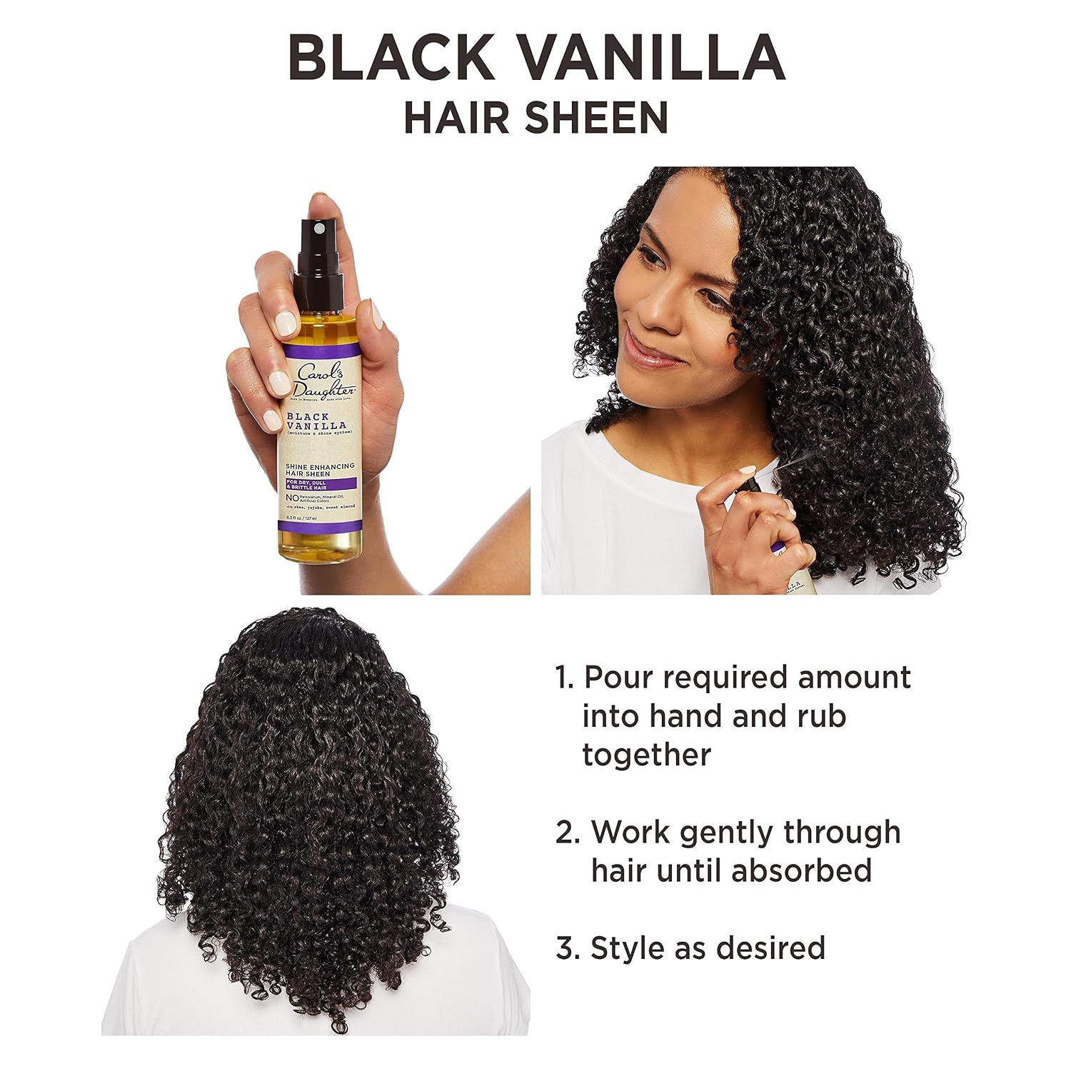 Carol's Daughter Black Vanilla Hair Sheen for Curly, Wavy or Natural Hair, Hair Shine Spray and Moisturizer For Dry, Dull or Brittle Hair, 4.3Fl Oz