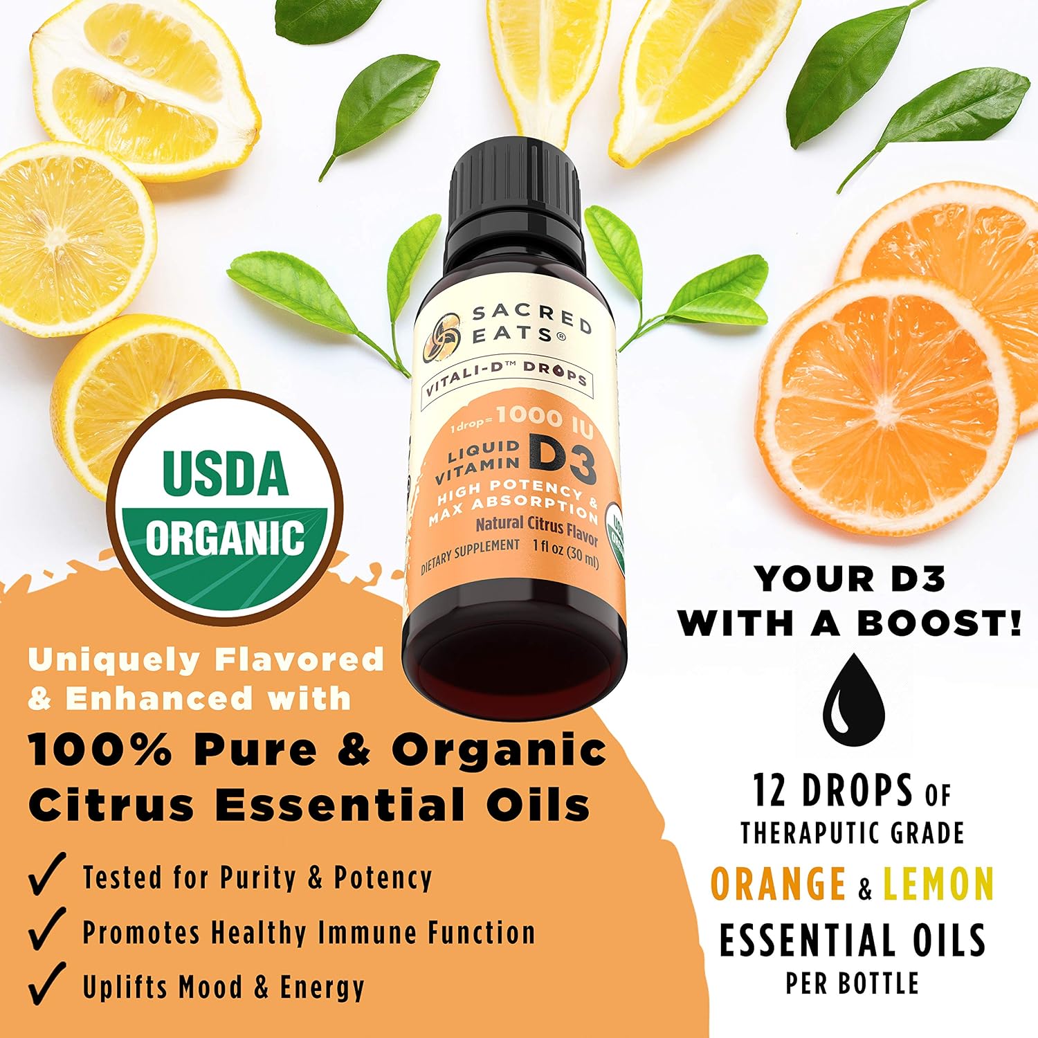 Organic Liquid Vitamin D Drops for Kids & Adults, Sugar Free. Easy to Use 1, 000 IU/Drop in Coconut MCT Oil. Lasts Months